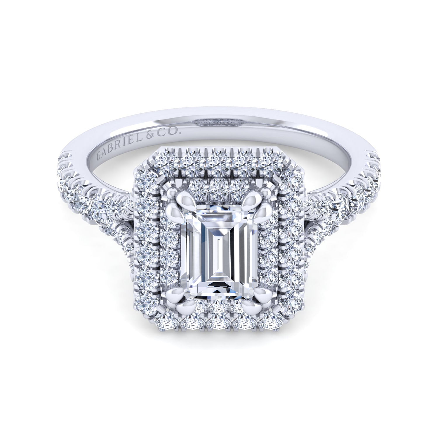 Sequoia - 14K White Gold Double Halo Emerald Cut Diamond Engagement Ring