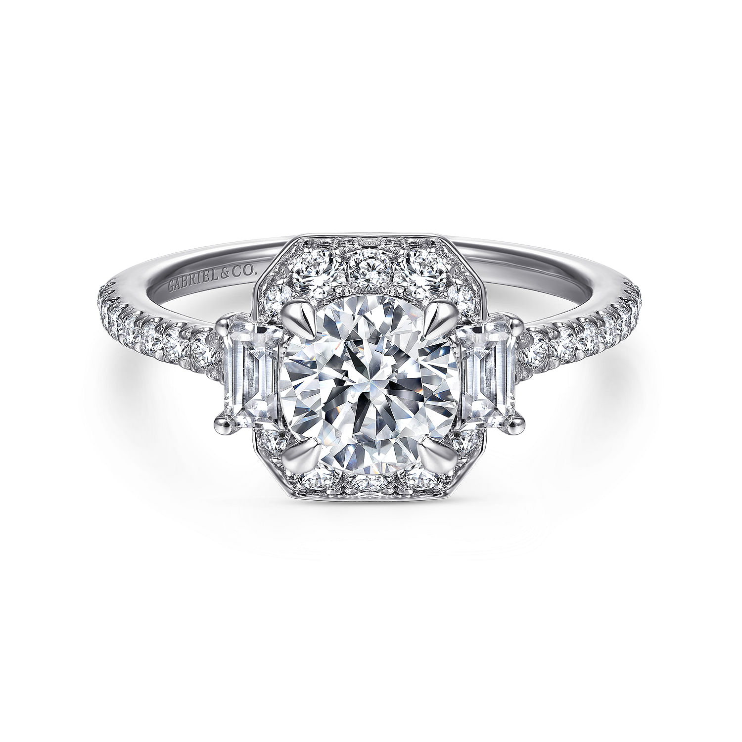 Serene - Art Deco 14K White Gold Fancy Halo Three Stone Round Diamond Engagement Ring