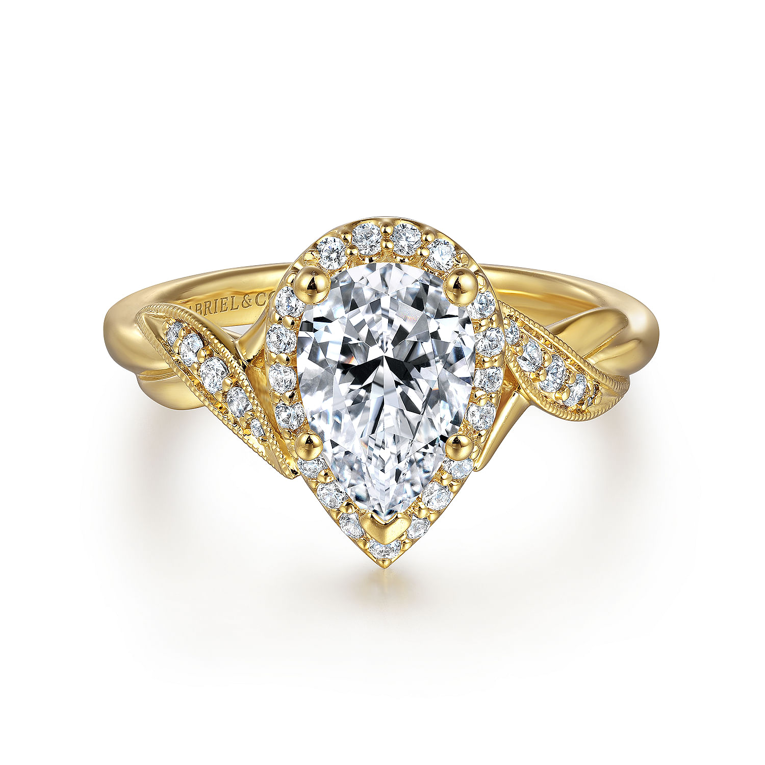 Shae - Vintage Inspired 14K Yellow Gold Pear Shape Halo Diamond Engagement Ring