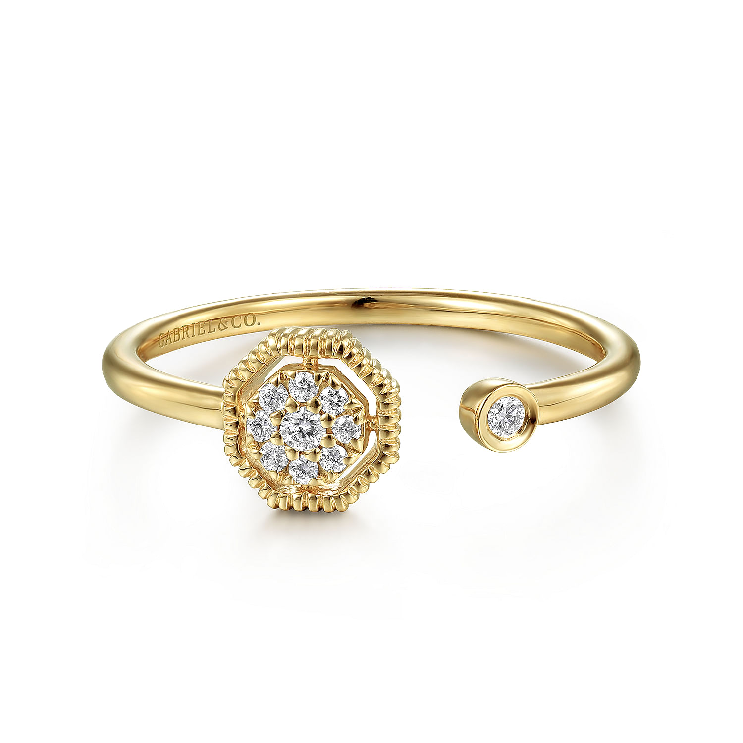 Split 14K Yellow Gold Diamond Ring with Pave Hexagon and Bezel Stone