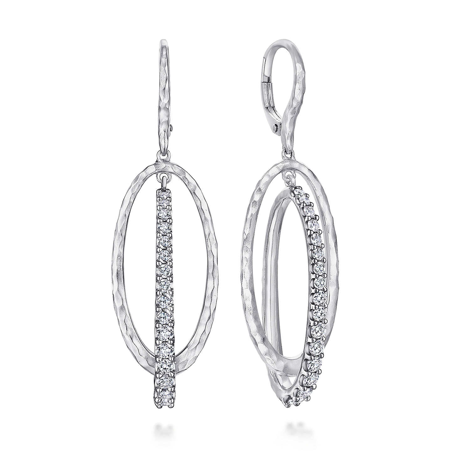 Sterling Silver Hammered Double Oval White Sapphire Drop Earrings