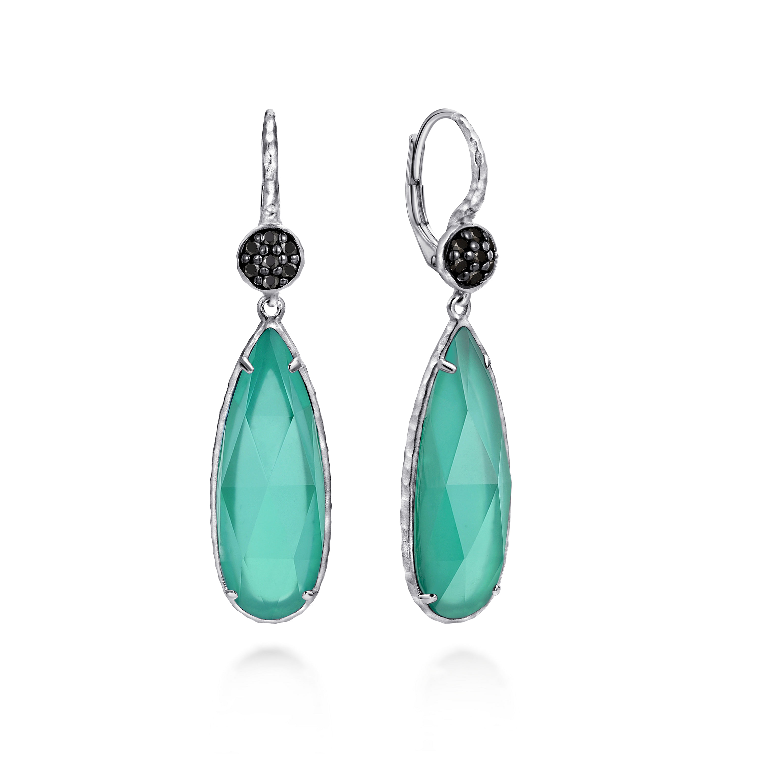 Sterling Silver Long Rock Crystal Green Onyx Drop Earrings with Black Spinel Tops