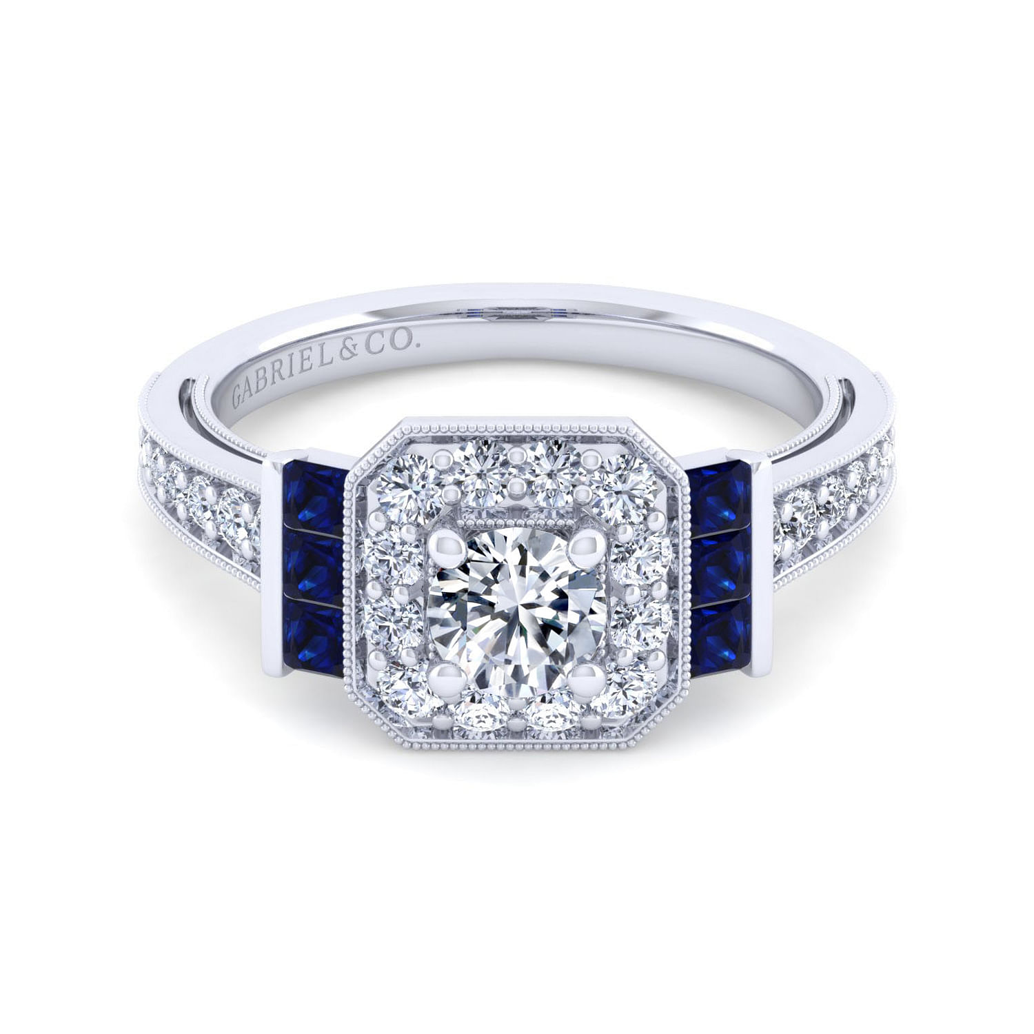 Sylvia - 14K White Gold Round Halo Sapphire and Diamond Engagement Ring