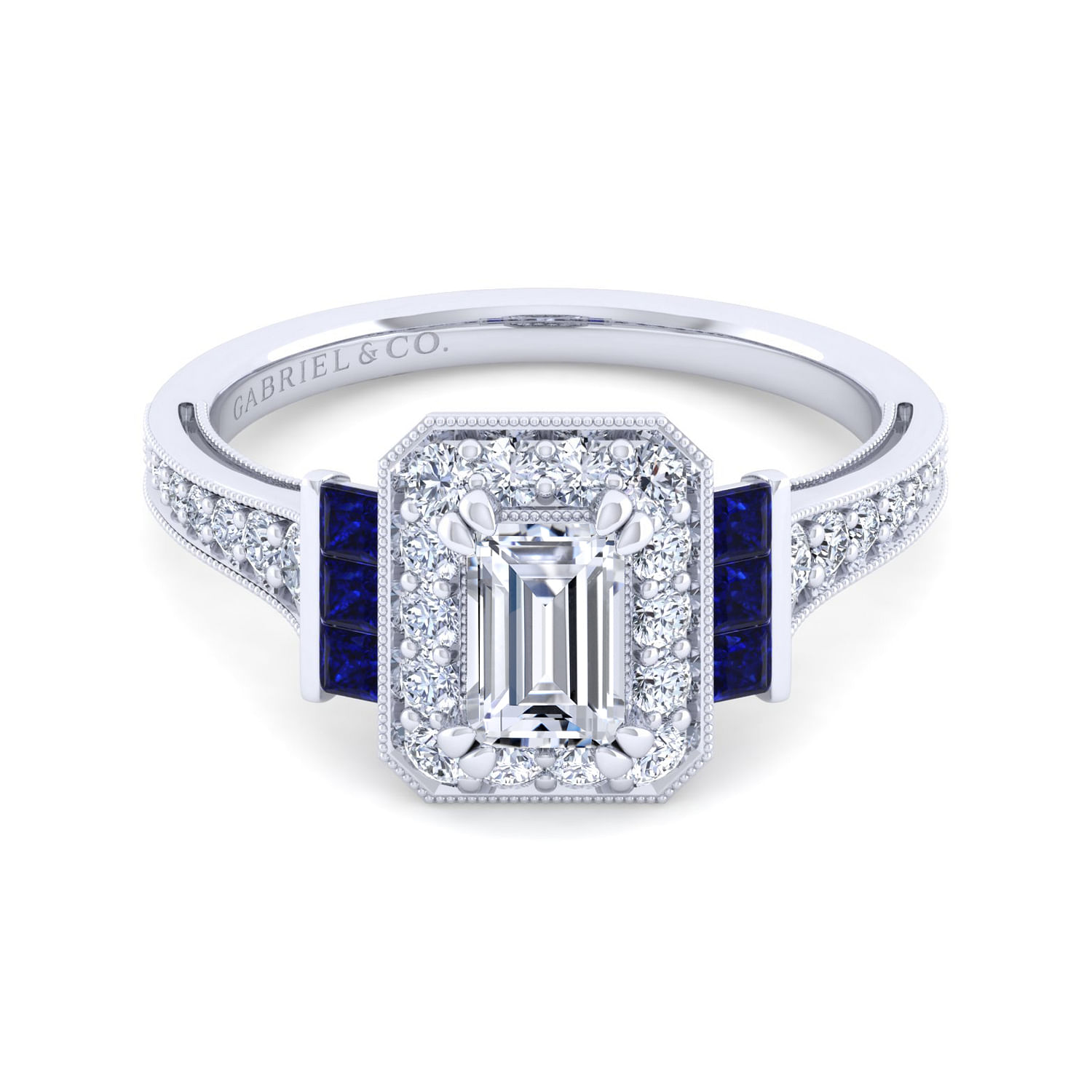 Sylvia - Vintage Inspired 14K White Gold Halo Emerald Cut Sapphire and Diamond Engagement Ring