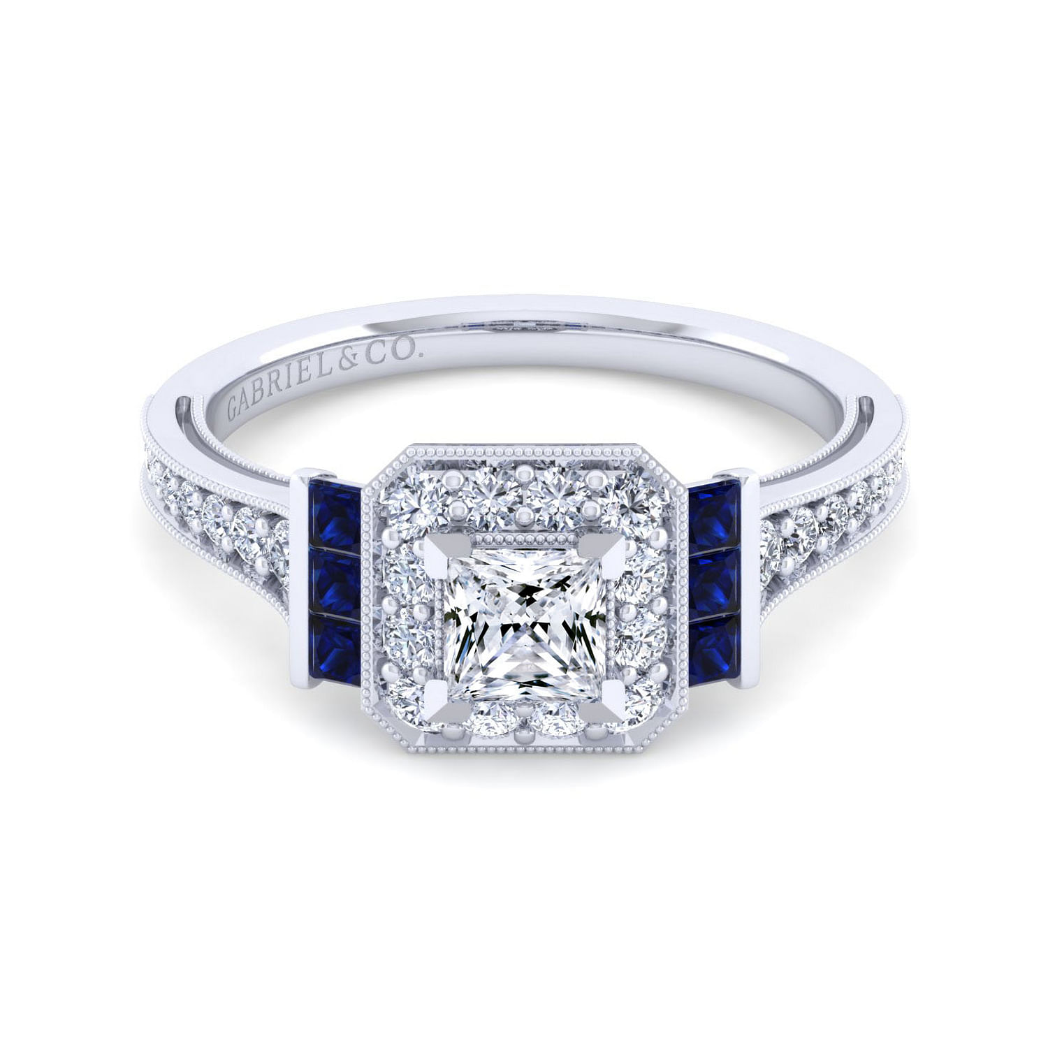 Sylvia - Vintage Inspired 14K White Gold Princess Halo Sapphire and Diamond Engagement Ring