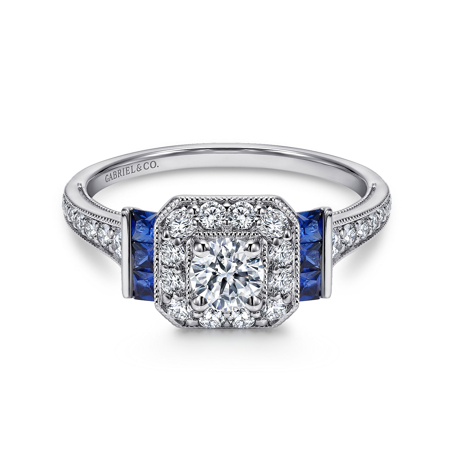Sylvia - Vintage Inspired 14K White Gold Round Halo Sapphire and Diamond Engagement Ring