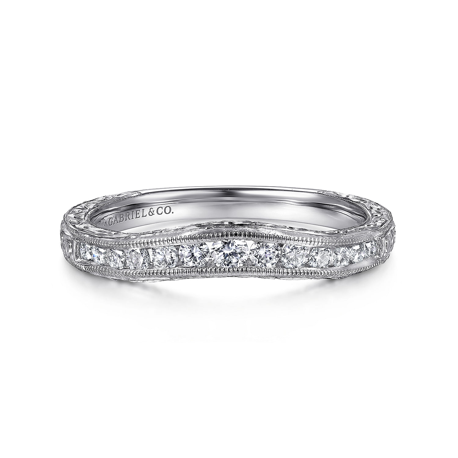 Tienne - Vintage Inspired 14K White Gold Curved Channel Set Diamond Wedding Band with Engraving
