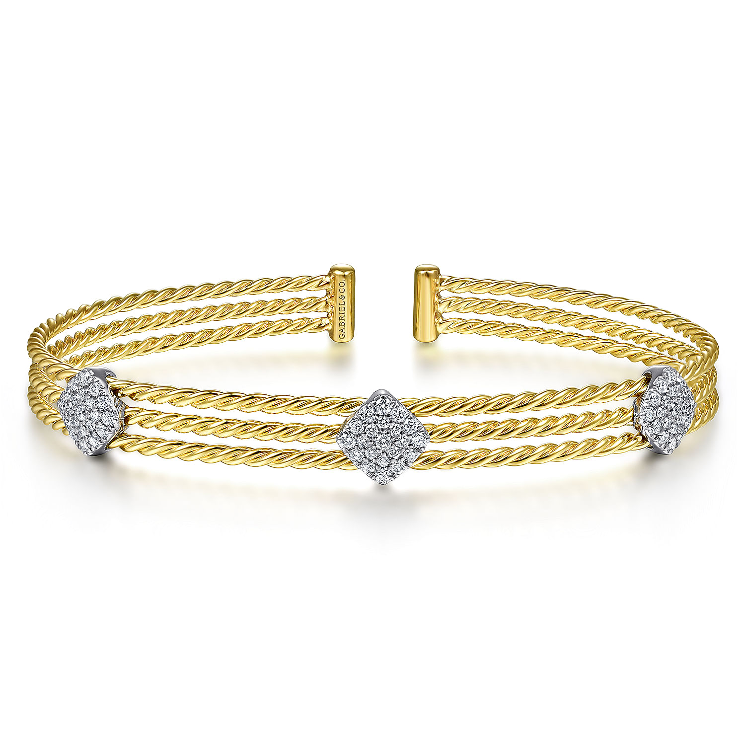 Twisted 14K Yellow Gold Bangle with Three White Gold Diamond Pave Stations