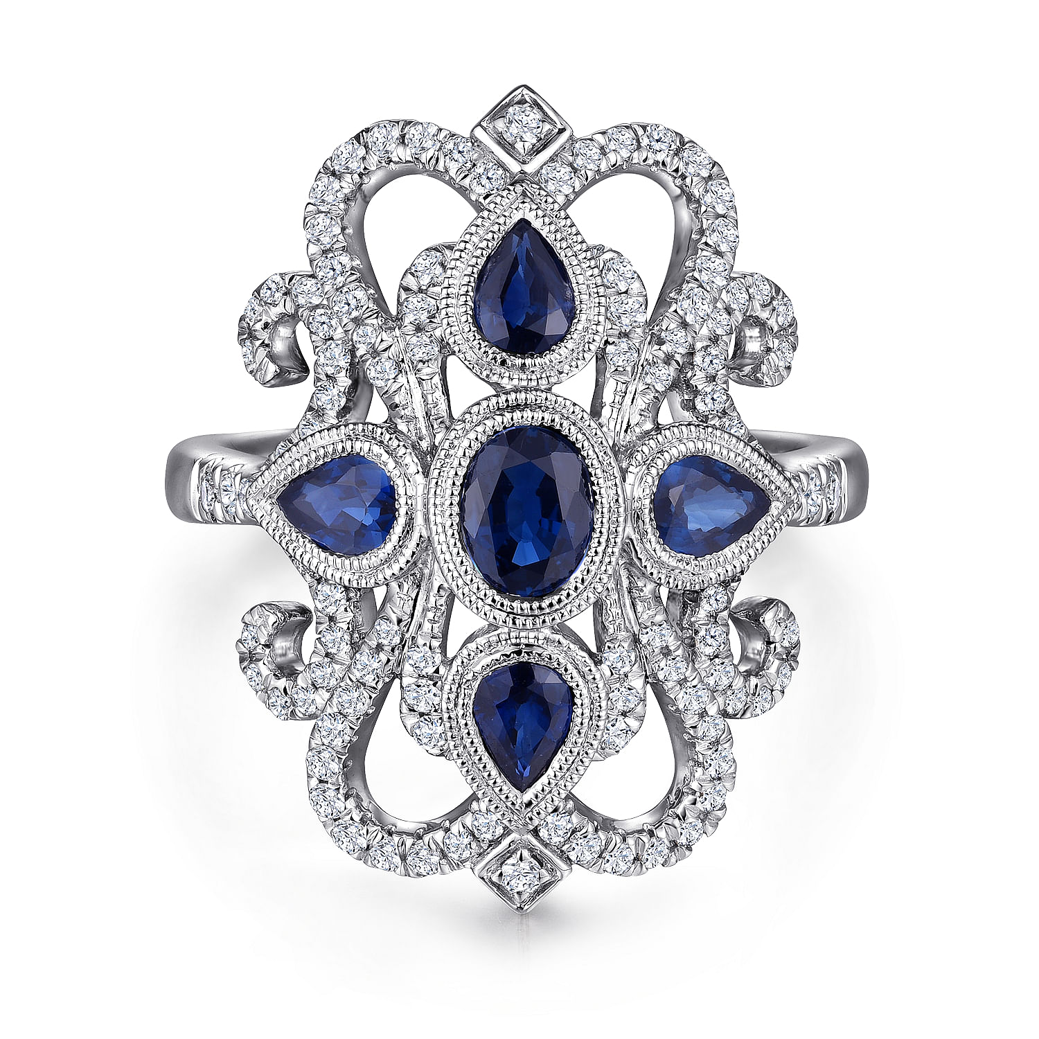 Vintage 14K White Gold Dramatic Sapphire and Pave Diamond Ring