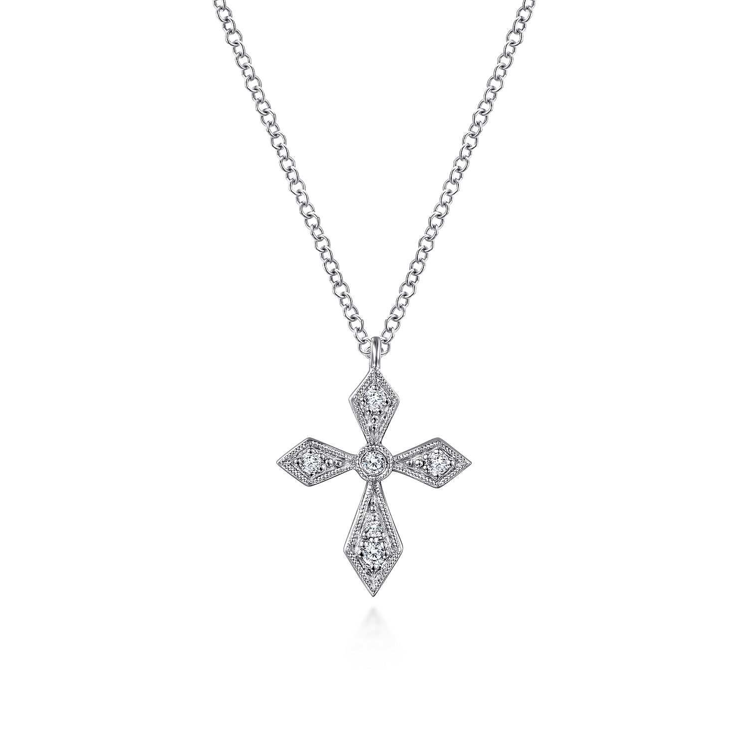 Vintage Inspired 14K White Gold Pointed Diamond Cross Pendant Necklace
