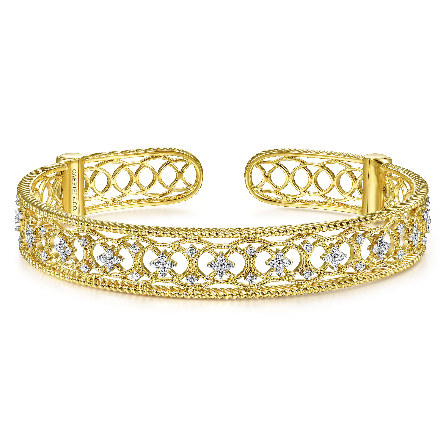 Vintage Inspired 14K Yellow Gold Filigree Diamond Cuff Bracelet