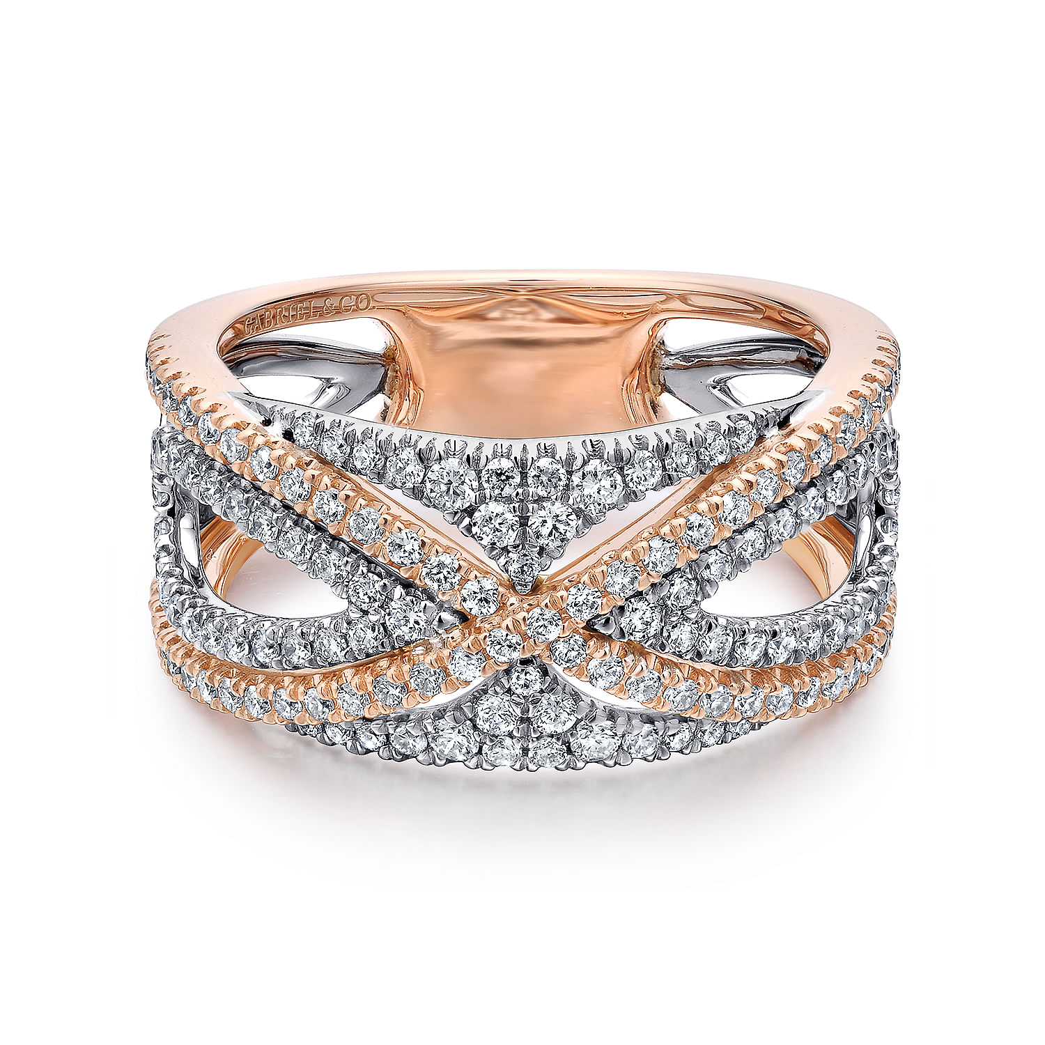 Wide 14K White and Rose Gold French Pave Set Diamond Anniversary Band
