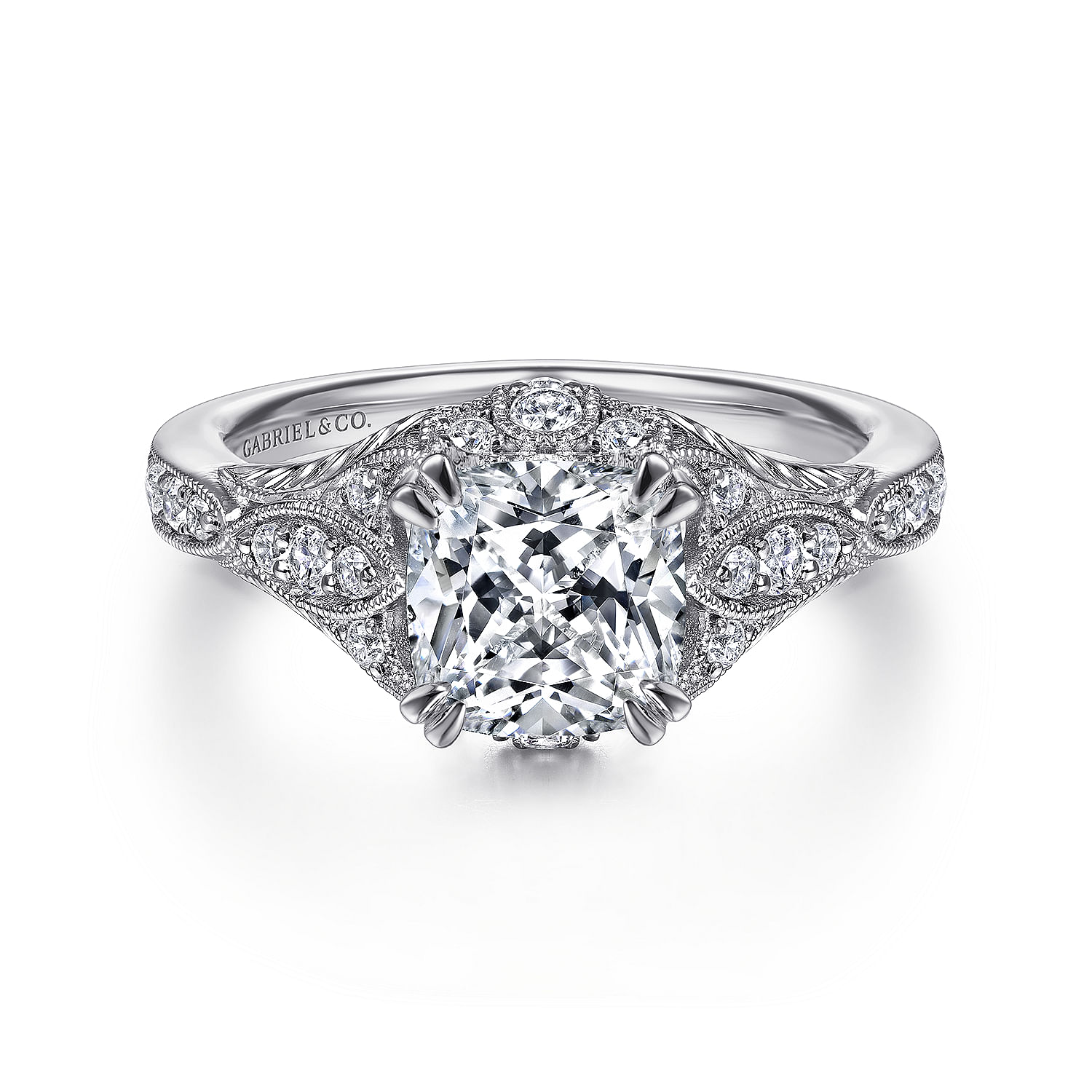 Windsor - Unique 14K White Gold Vintage Inspired Cushion Cut Diamond Halo Engagement Ring