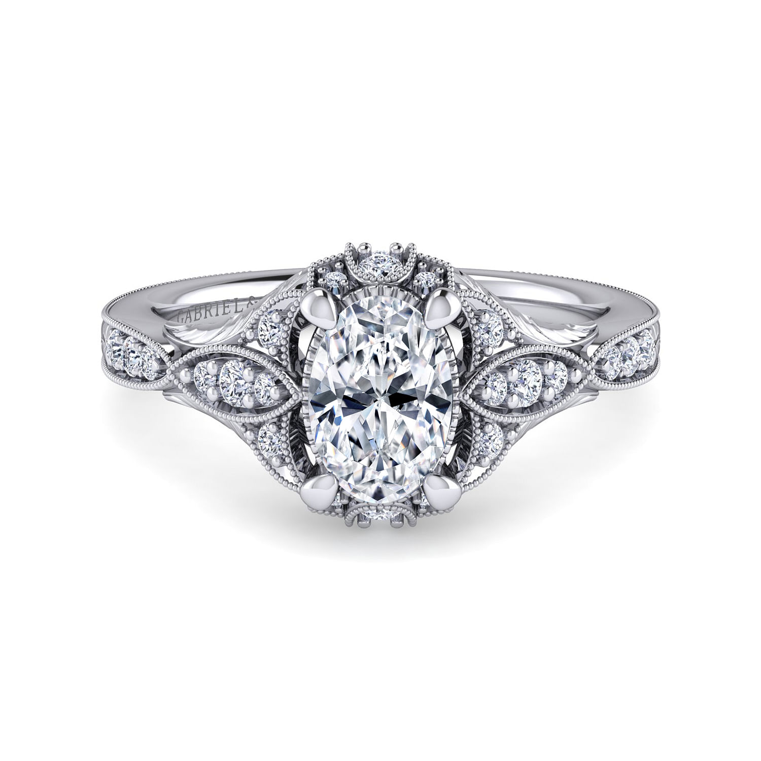 Windsor - Unique 14K White Gold Vintage Inspired Oval Halo Diamond Engagement Ring