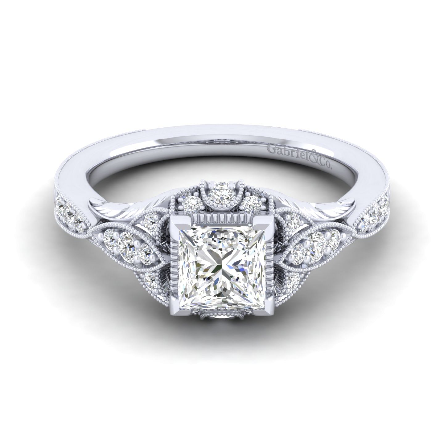 Windsor - Unique 14K White Gold Vintage Inspired Princess Cut Halo Diamond Engagement Ring