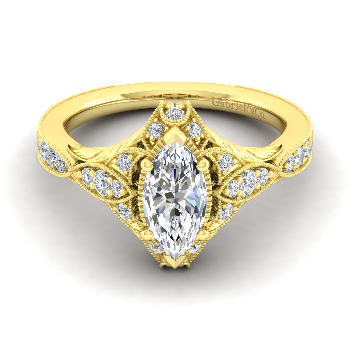 Windsor - Unique 14K Yellow Gold Vintage Inspired Marquise Shape Diamond Halo Engagement Ring