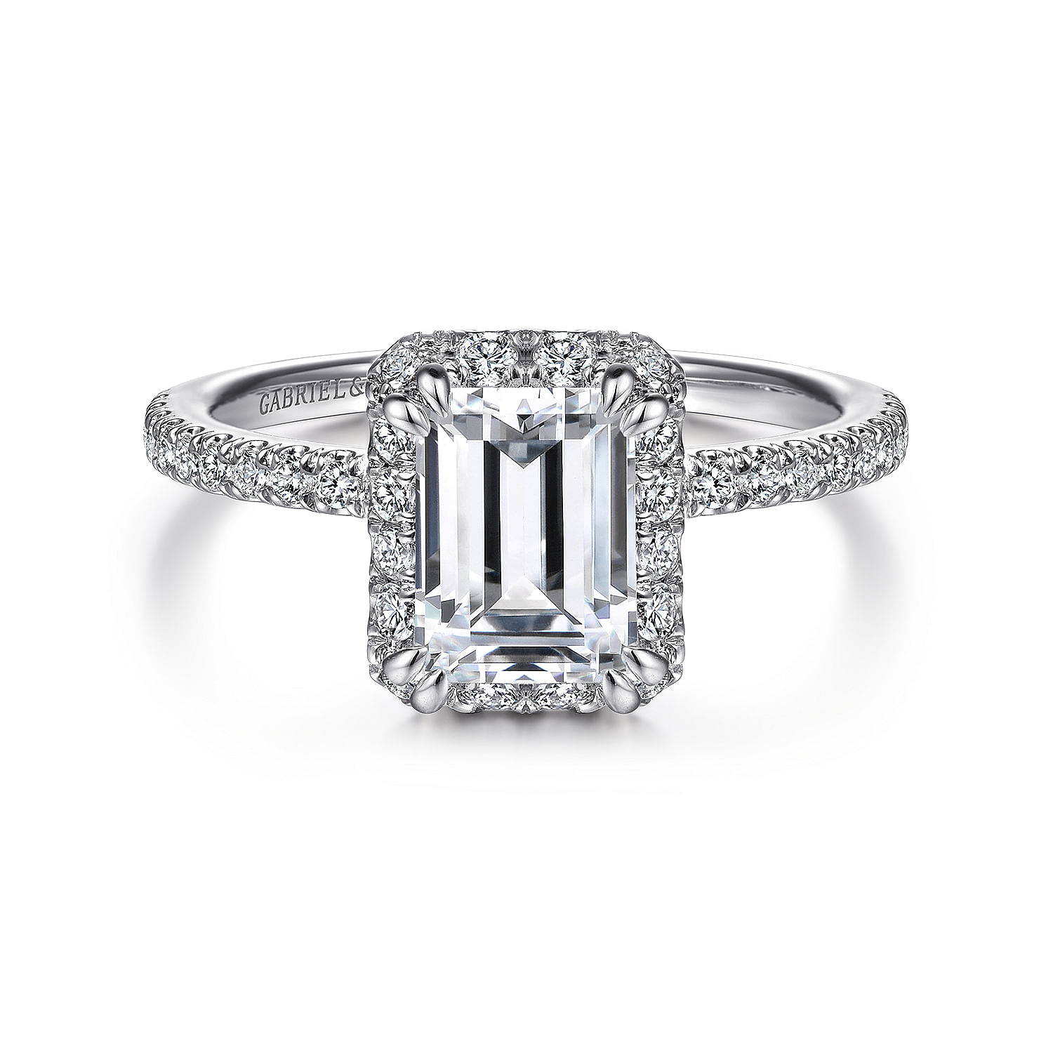 Yasmin - 14K White Gold Halo Emerald Cut Diamond Engagement Ring