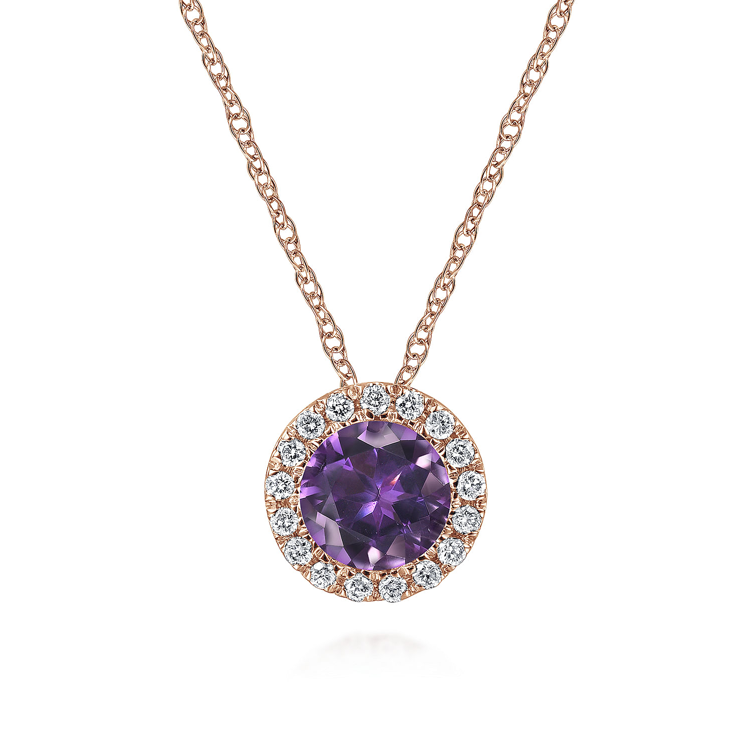 14K Rose Gold Amethyst and Diamond Halo Pendant Necklace