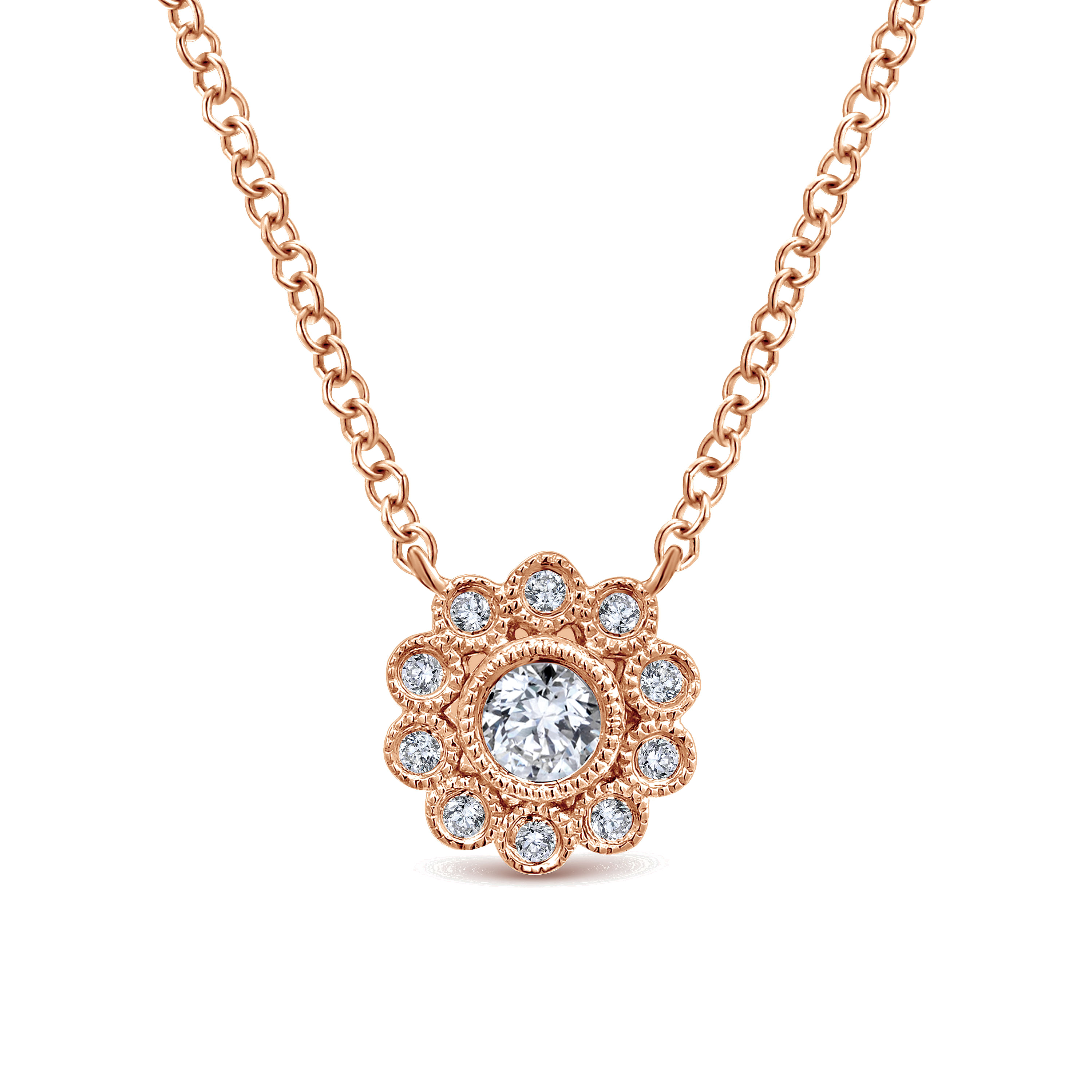 14K Rose Gold Bezel Set Floral Diamond Pendant Necklace