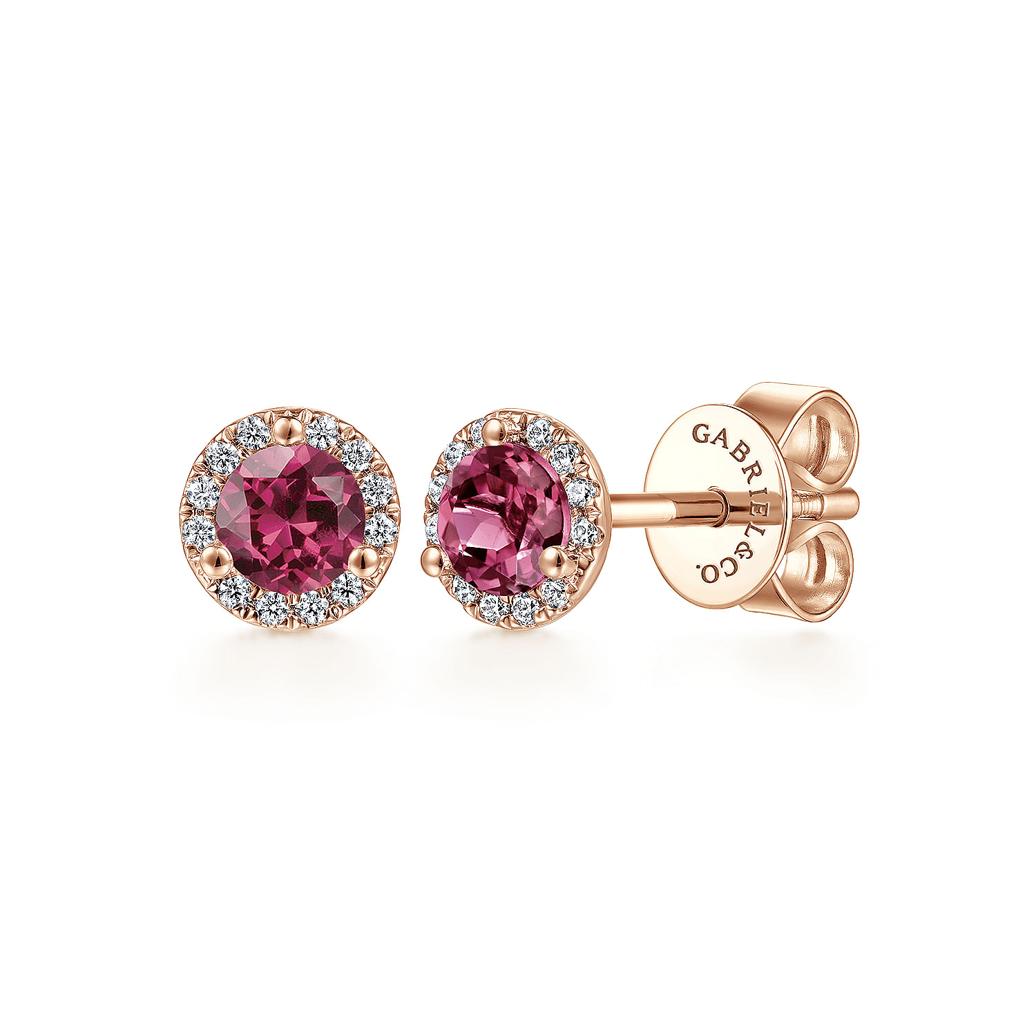 14K Rose Gold Pink Tourmaline   Diamond Halo Stud Earrings
