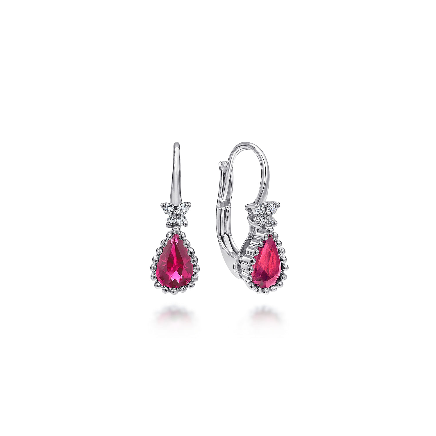 14K White Gold Beaded Pear Shaped Ruby and Diamond Drop Earrings