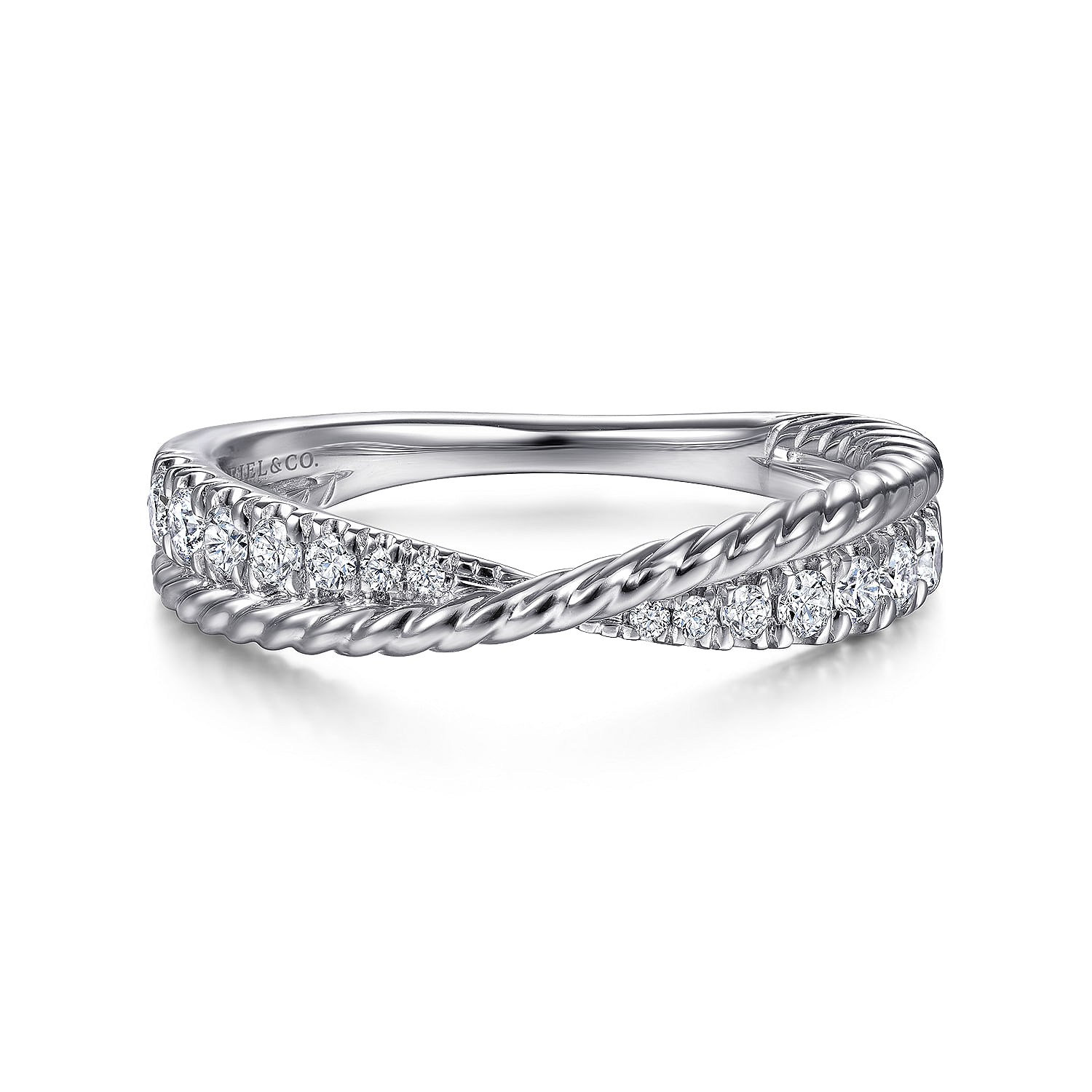 14K White Gold Criss Cross Diamond Anniversary Band with Twisted Rope Detail