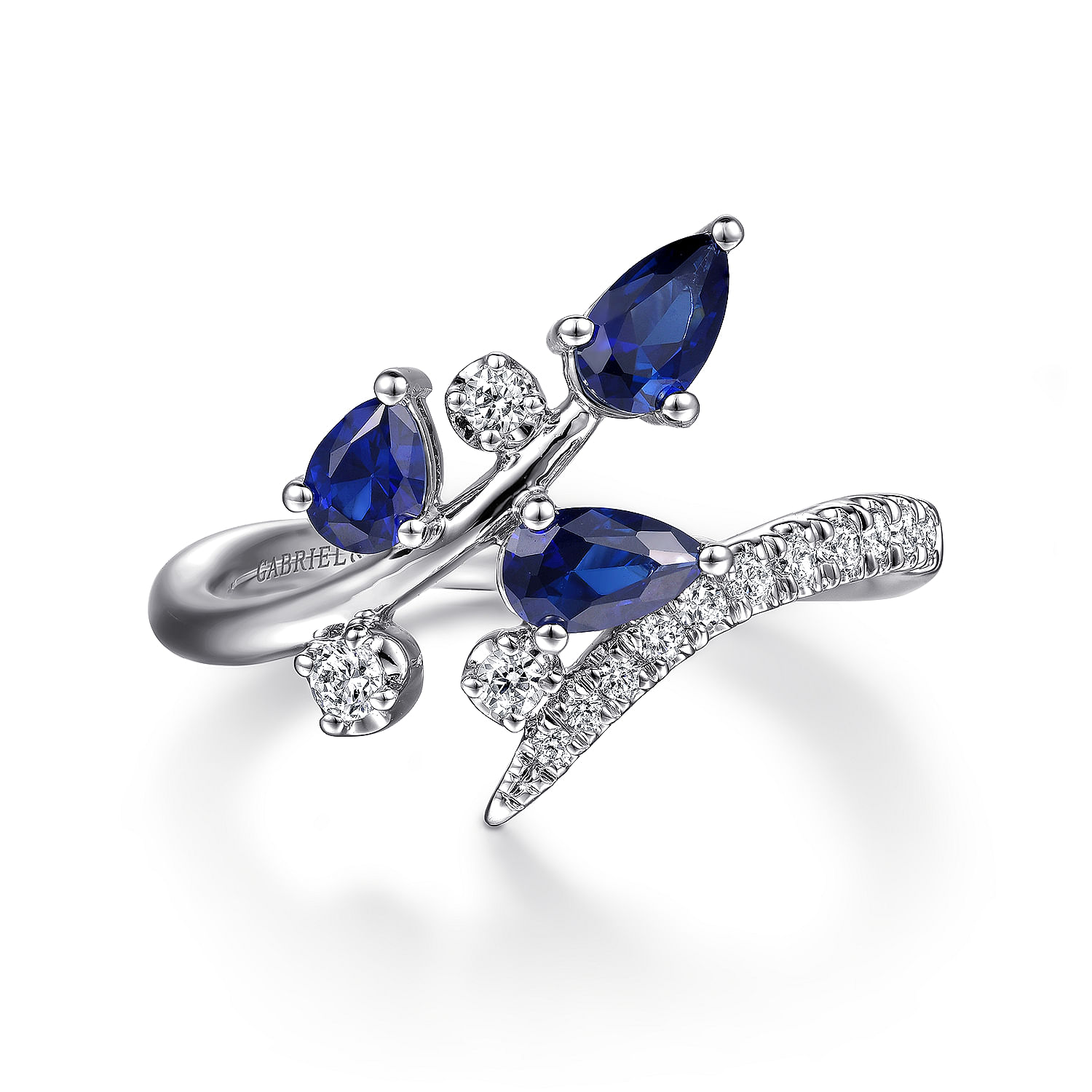 14K White Gold Diamond and Blue Sapphire Bypass Floral Ring