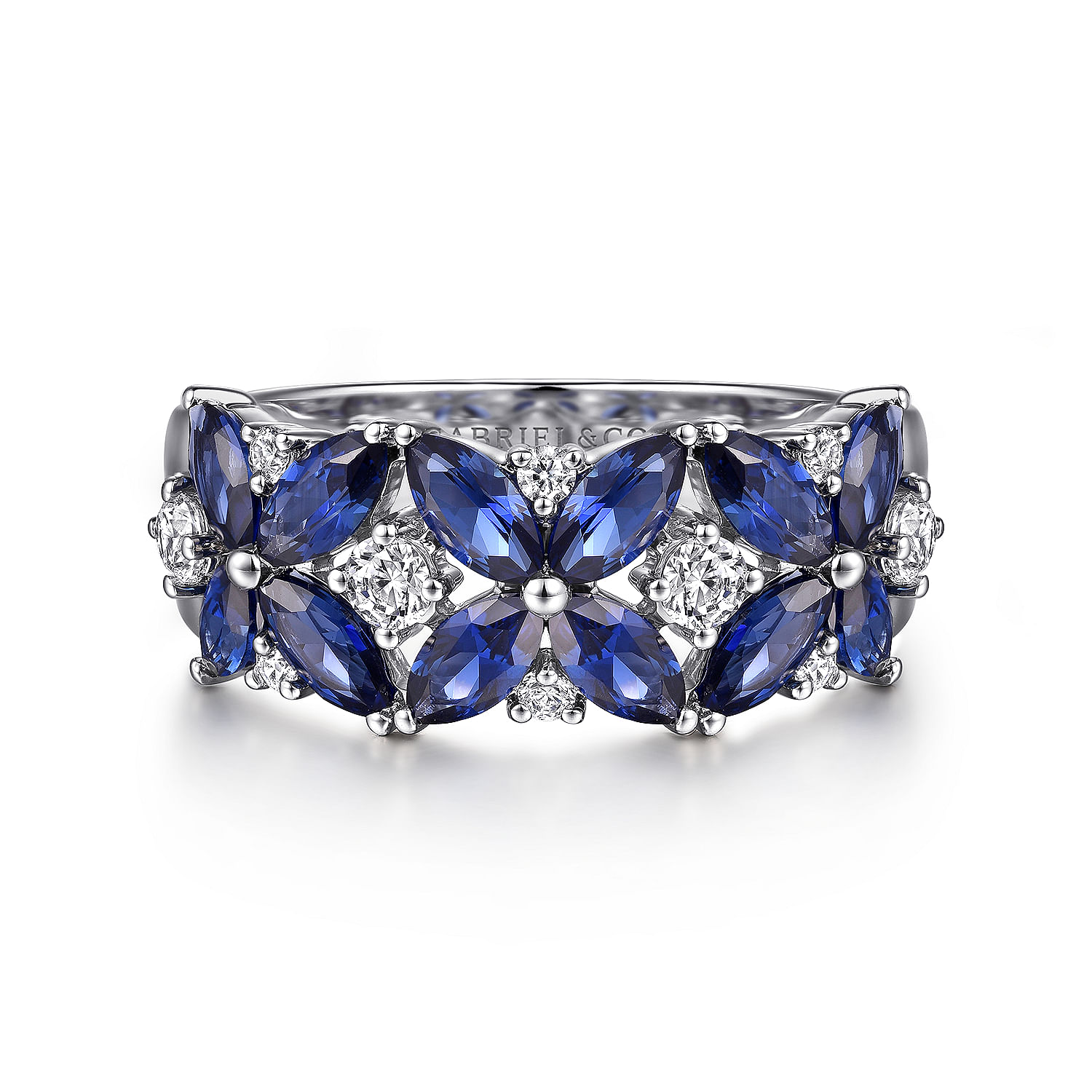 14K White Gold Diamond and Blue Sapphire Floral Ring