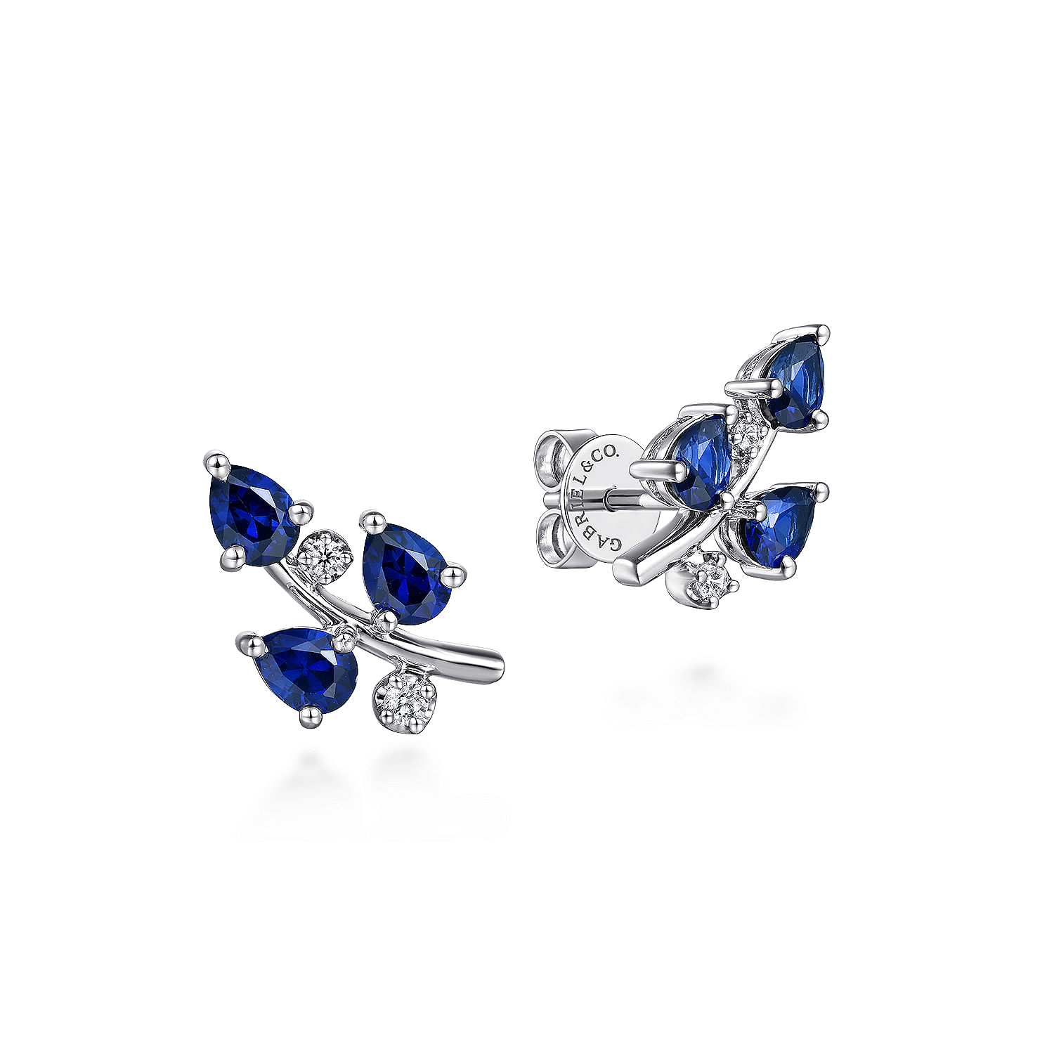 14K White Gold Diamond and Blue Sapphire Olive Branch Climber Earrings