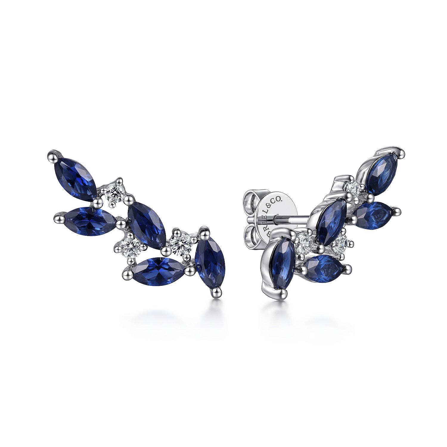14K White Gold Diamond and Blue Sapphire Olive Branch Climber Earrings