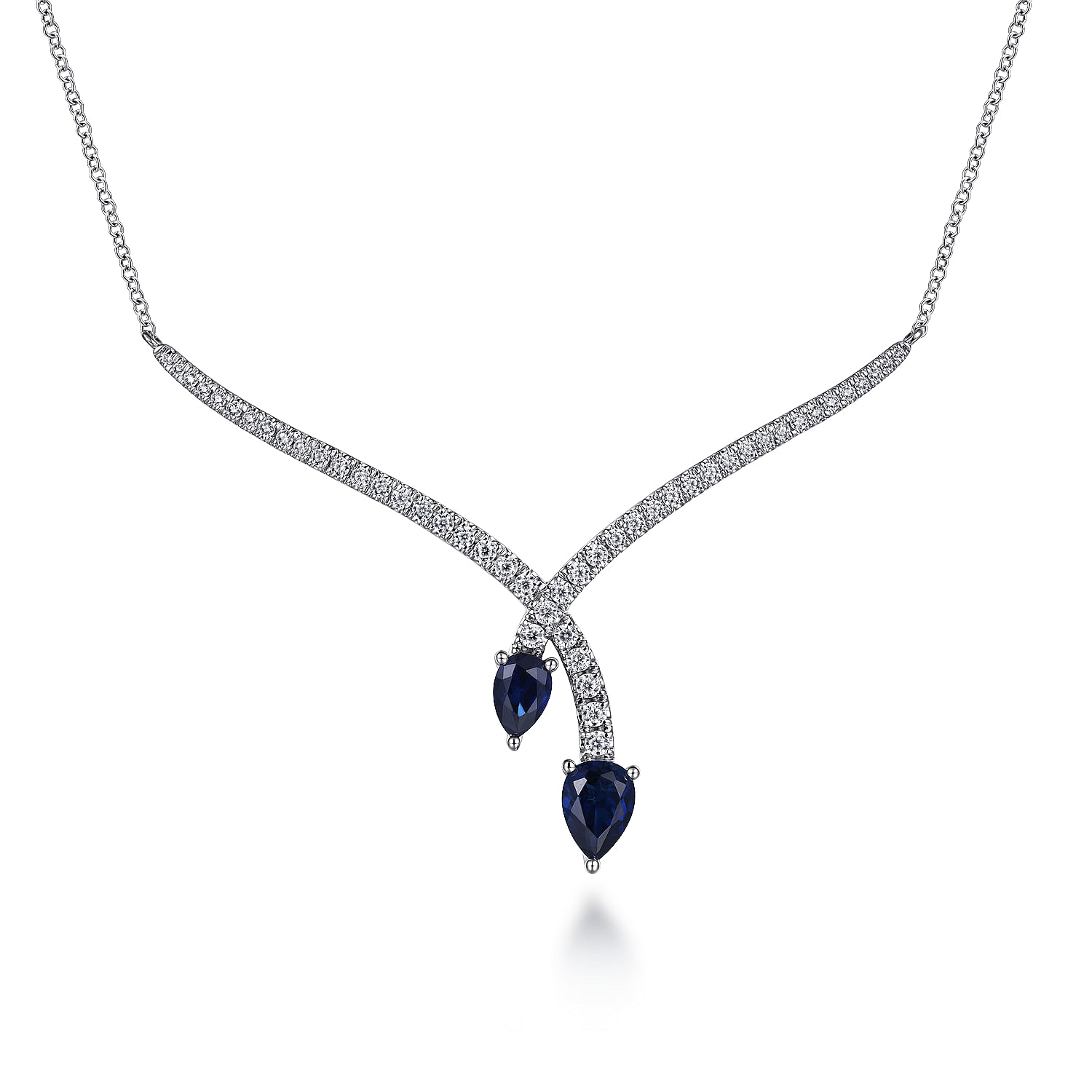14K White Gold Diamond and Blue Sapphire Teardrop Twist Necklace