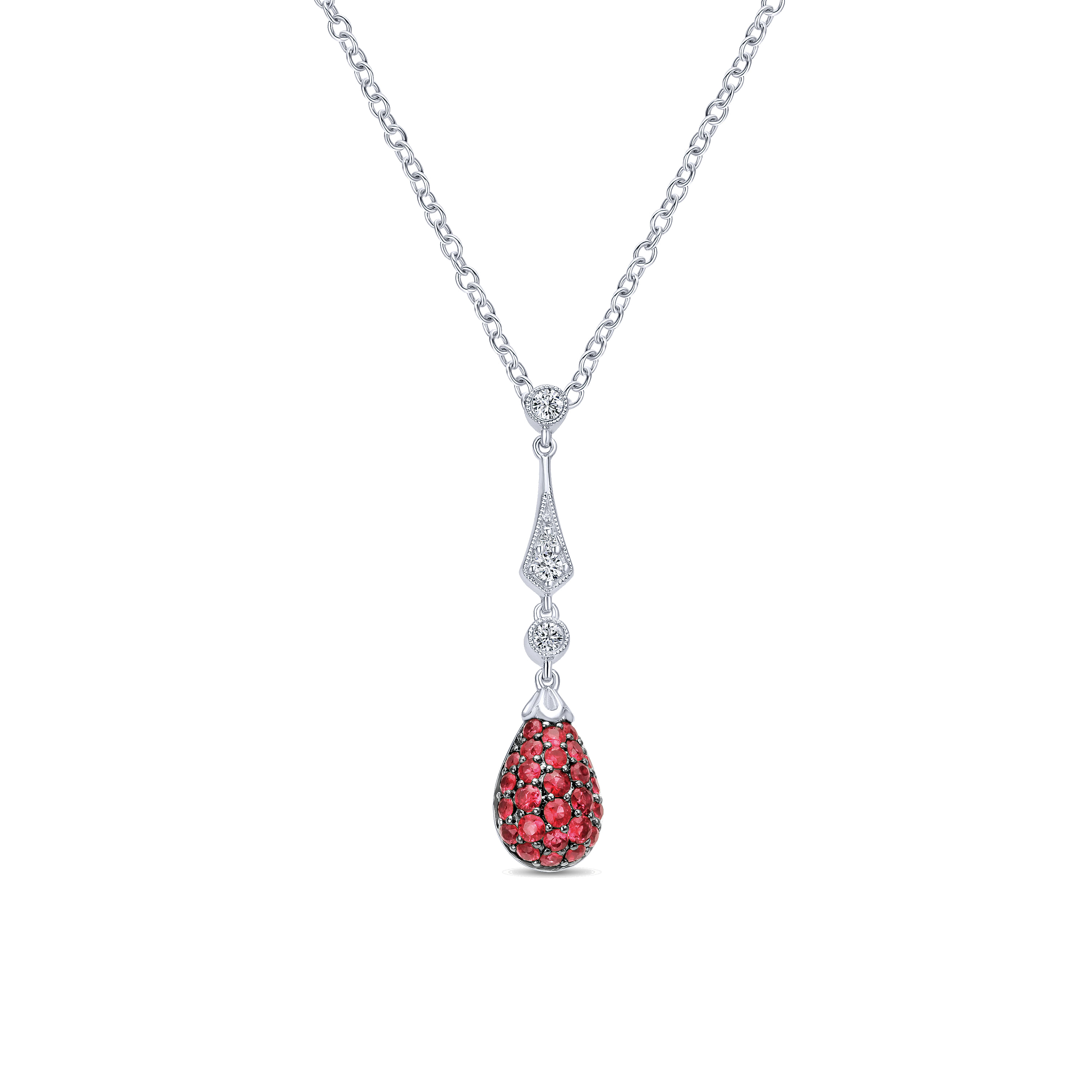 14K White Gold Diamond and Ruby Pave Pendulum Pendant Necklace