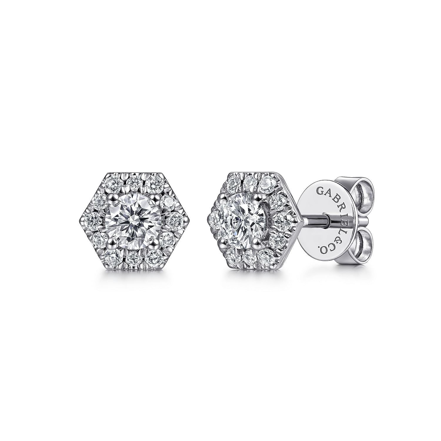 14K White Gold Hexagonal Diamond Halo Stud Earrings