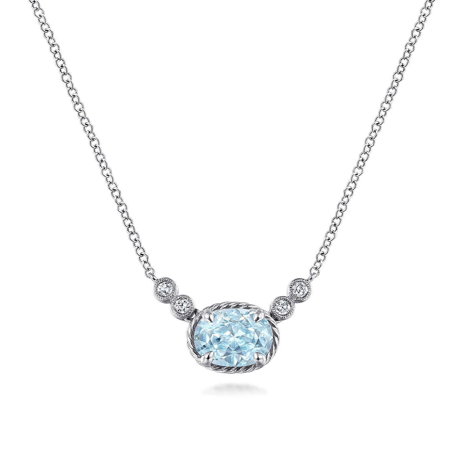 14K White Gold Oval Aquamarine Pendant Necklace with Diamond Accents