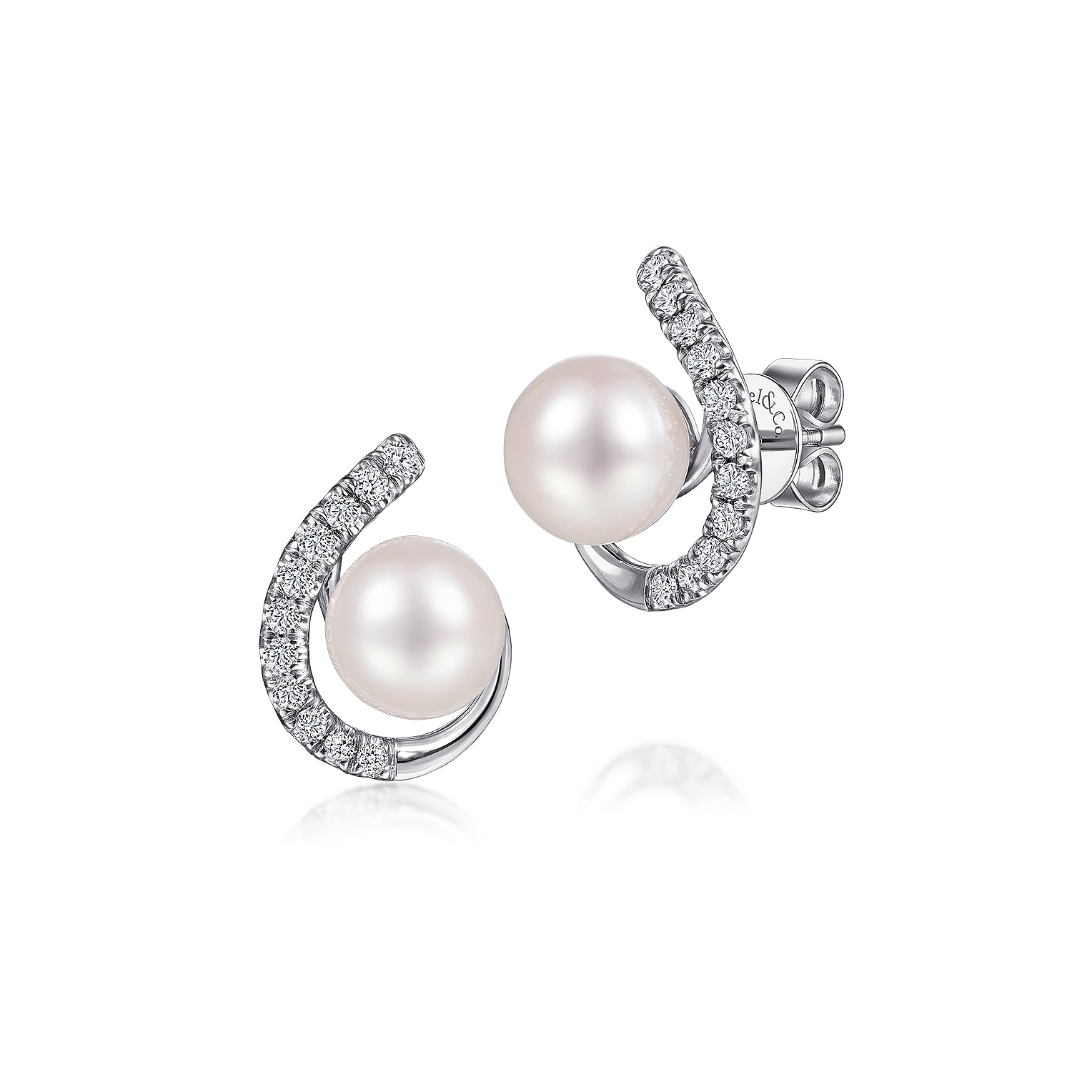 14K White Gold Pearl and Diamond J Stud Earrings