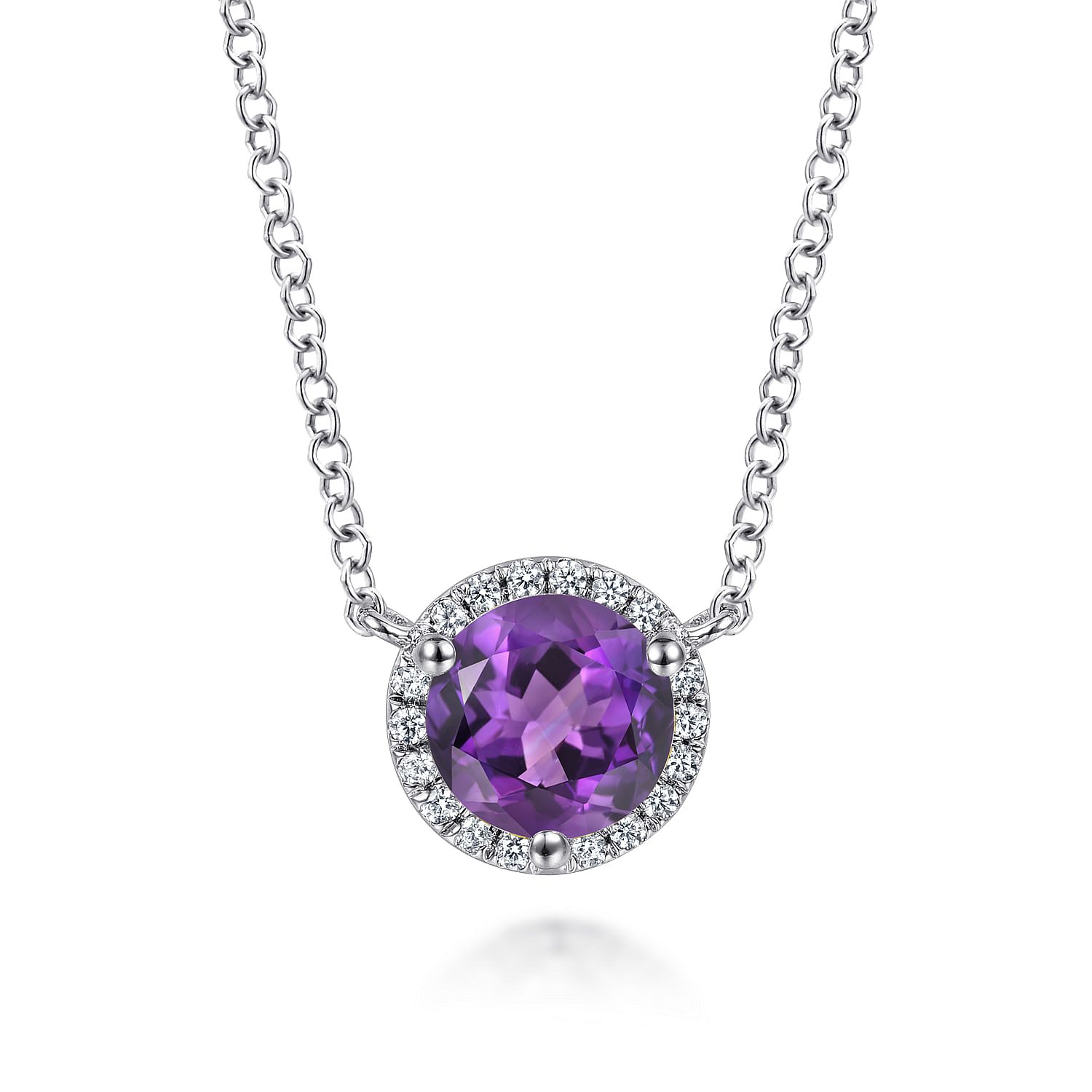 14K White Gold Round Amethyst and Diamond Halo Pendant Necklace