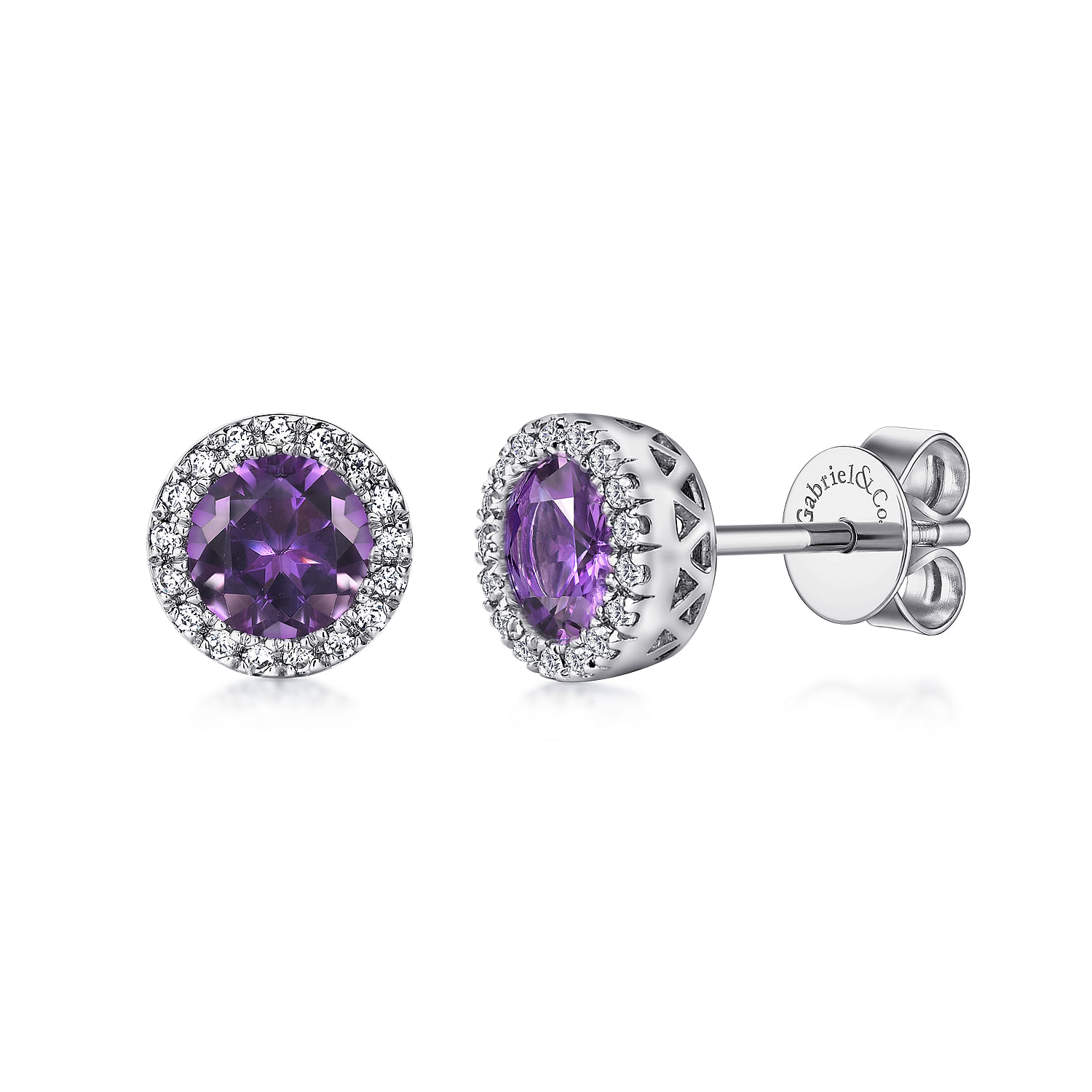 14K White Gold Round Amethyst and Diamond Halo Stud Earrings