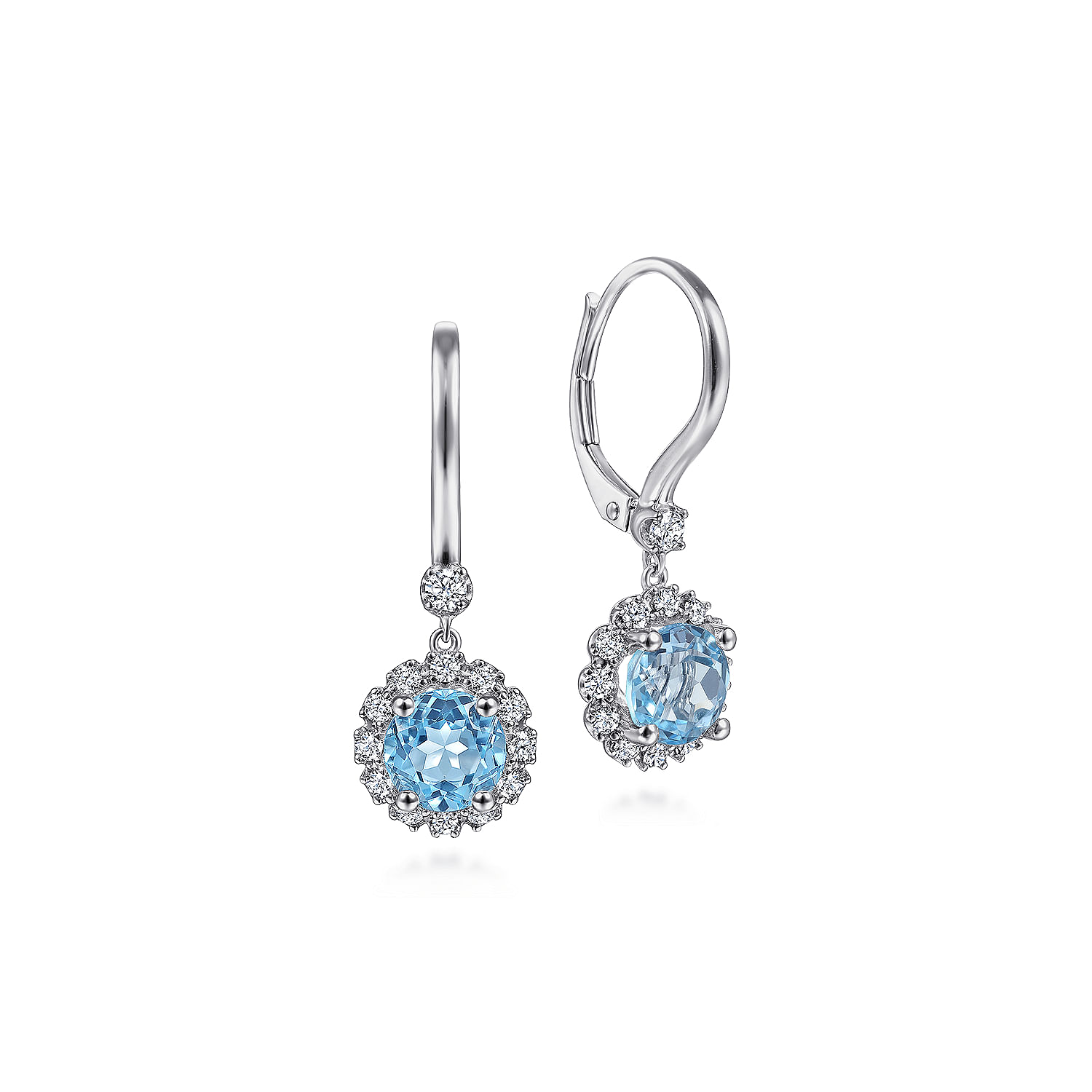 14K White Gold Round Blue Topaz and Diamond Halo Drop Earrings