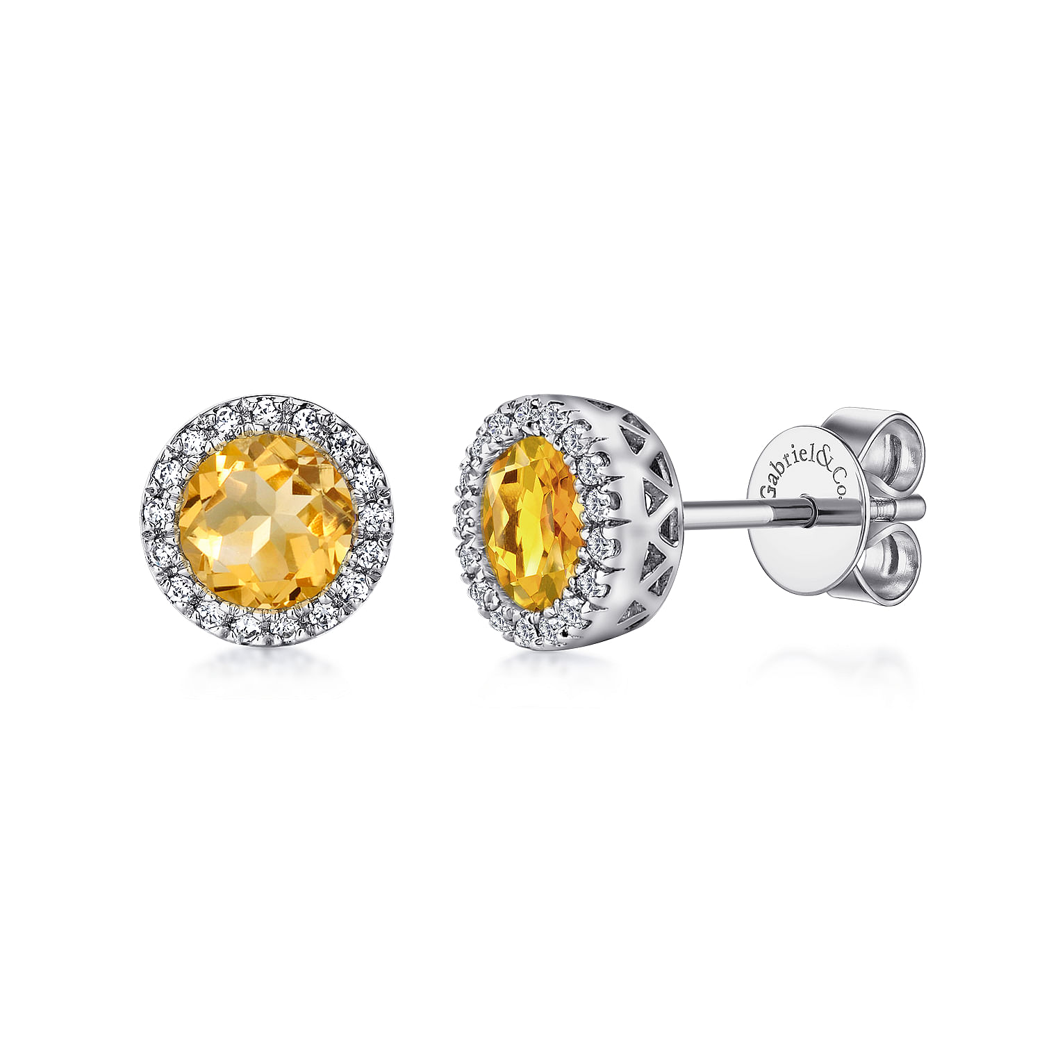 14K White Gold Round Halo Citrine and Diamond Stud Earrings