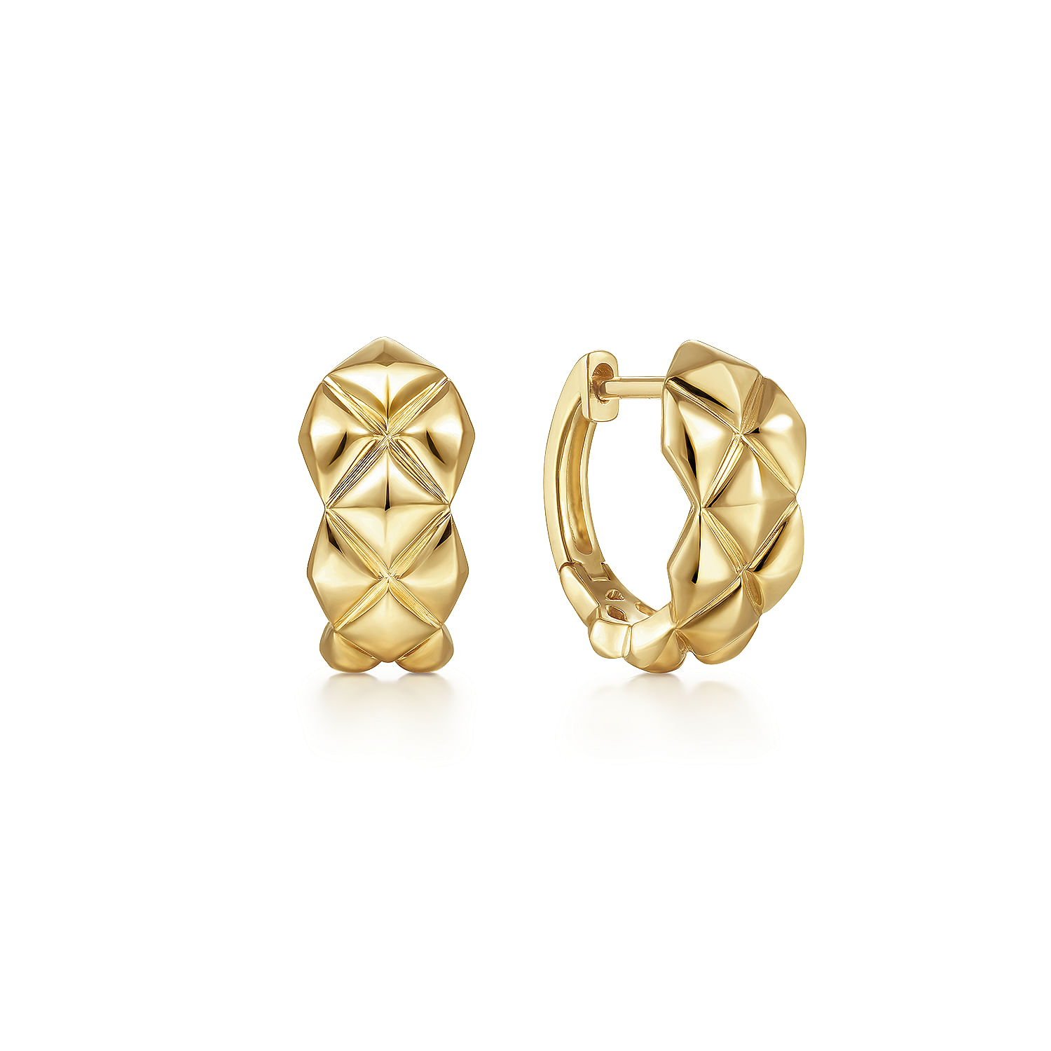 14K Yellow Gold 15 mm Quilted Motiff Huggie Earrings