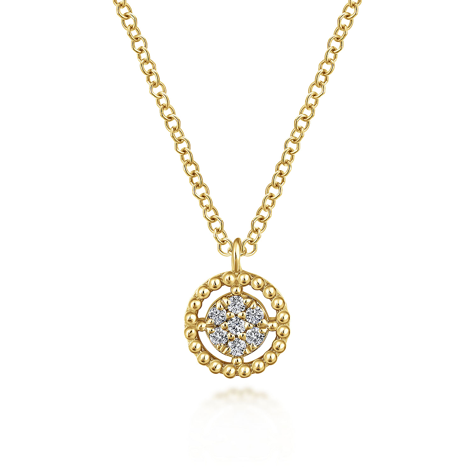 14K Yellow Gold Beaded Round Floating Diamond Pendant Necklace