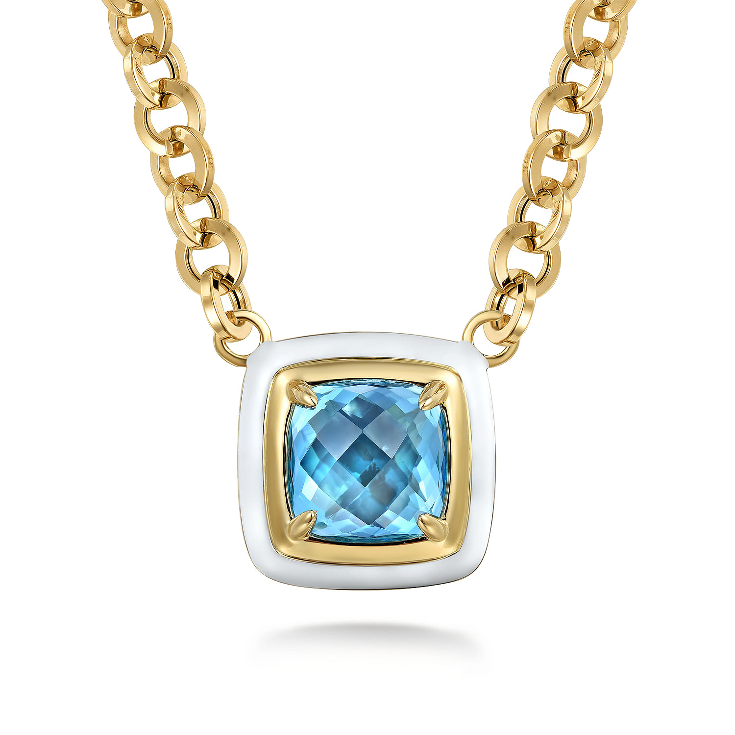 14K Yellow Gold Blue Topaz Cushion Cut Necklace With Flower Pattern J-Back and White Enamel