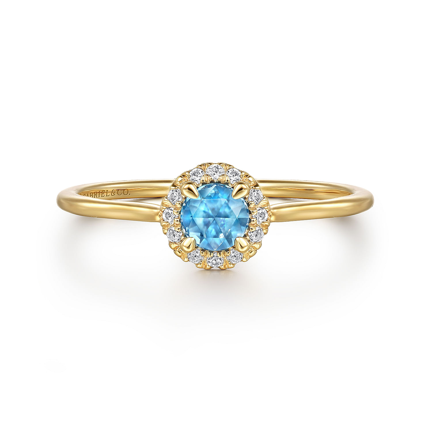 14K Yellow Gold Blue Topaz and Diamond Halo Promise Ring