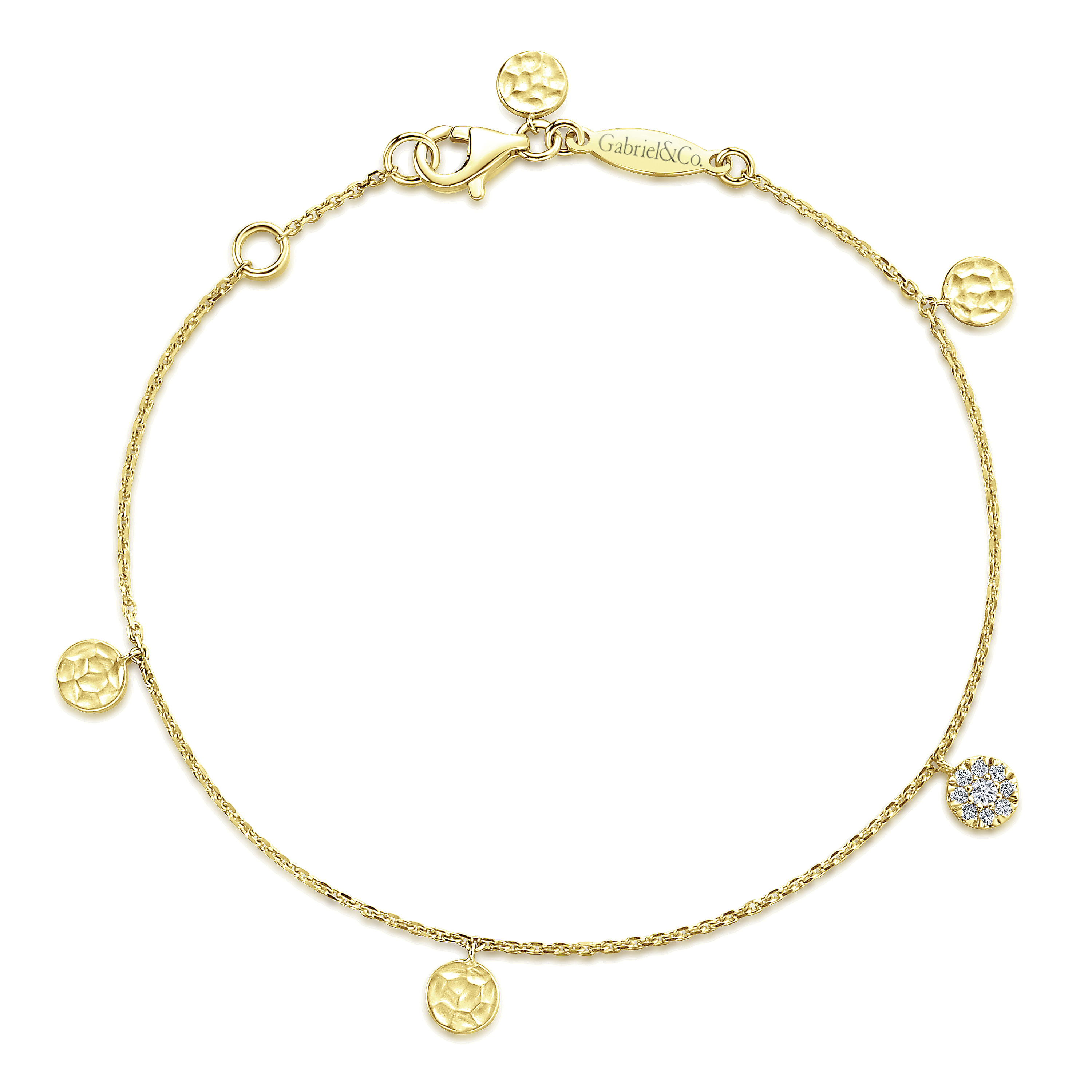 14K Yellow Gold Chain Bracelet with Hammered and Pave Diamond Discs