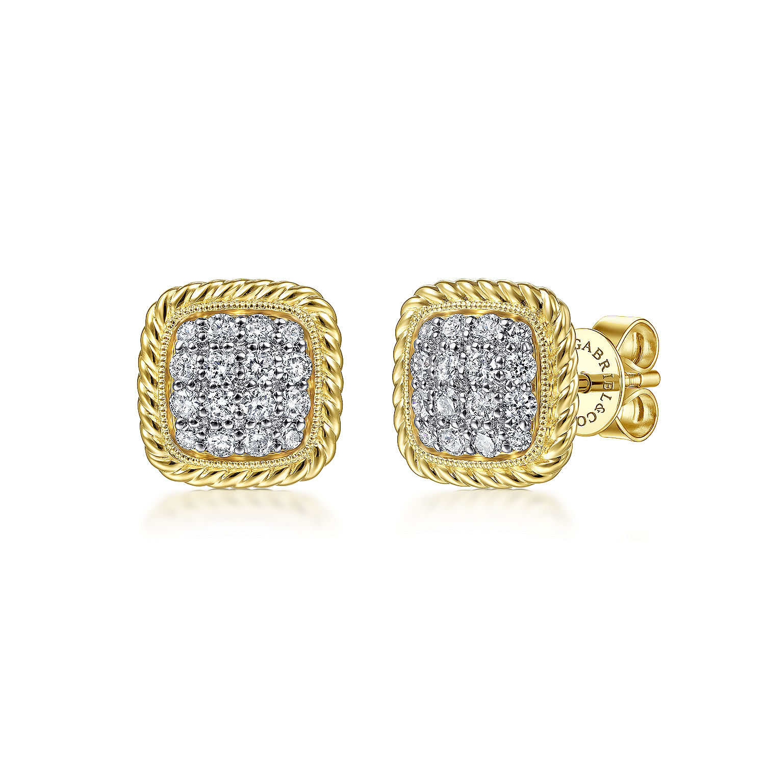 14K Yellow Gold Cushion Shape Pave Diamond Stud Earrings