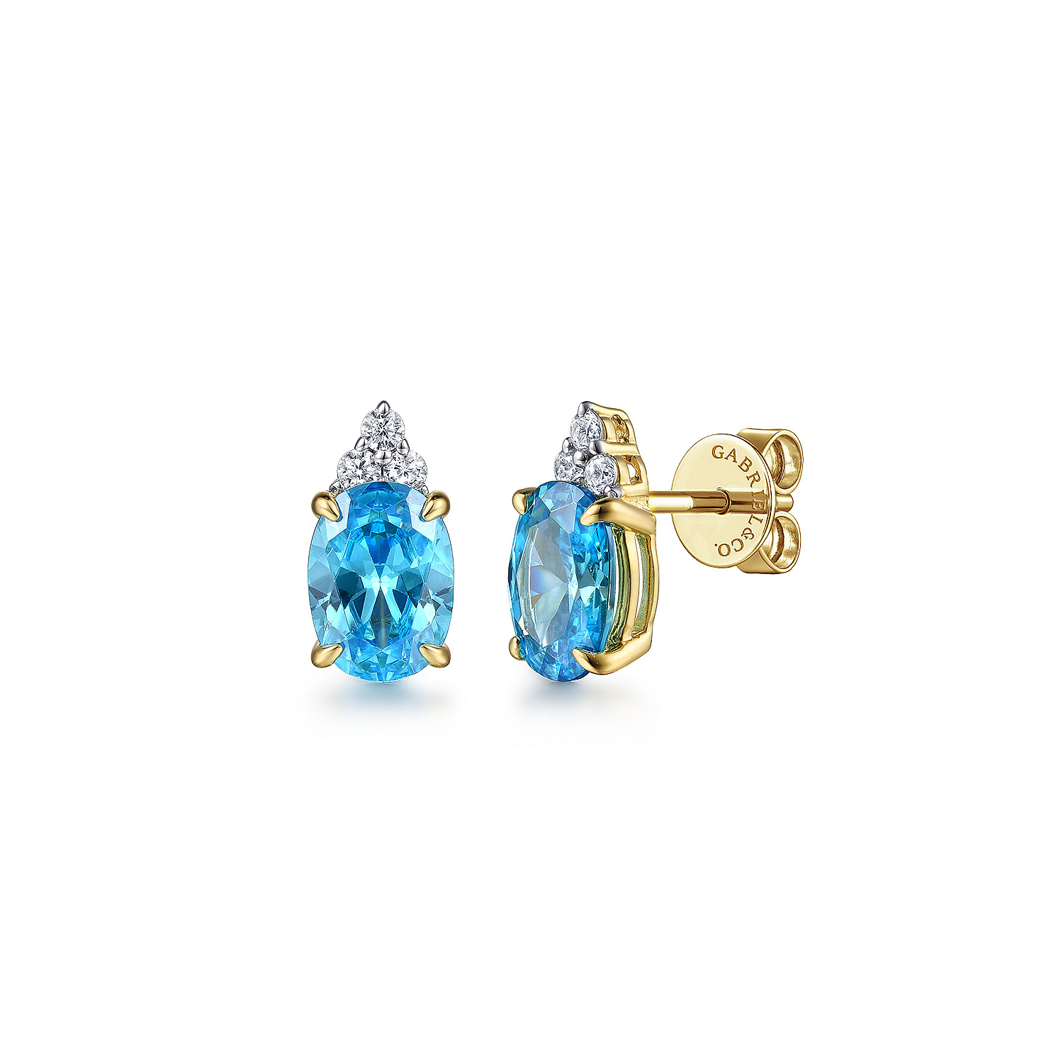 14K Yellow Gold Diamond And Swiss Blue Topaz Stud Earrings