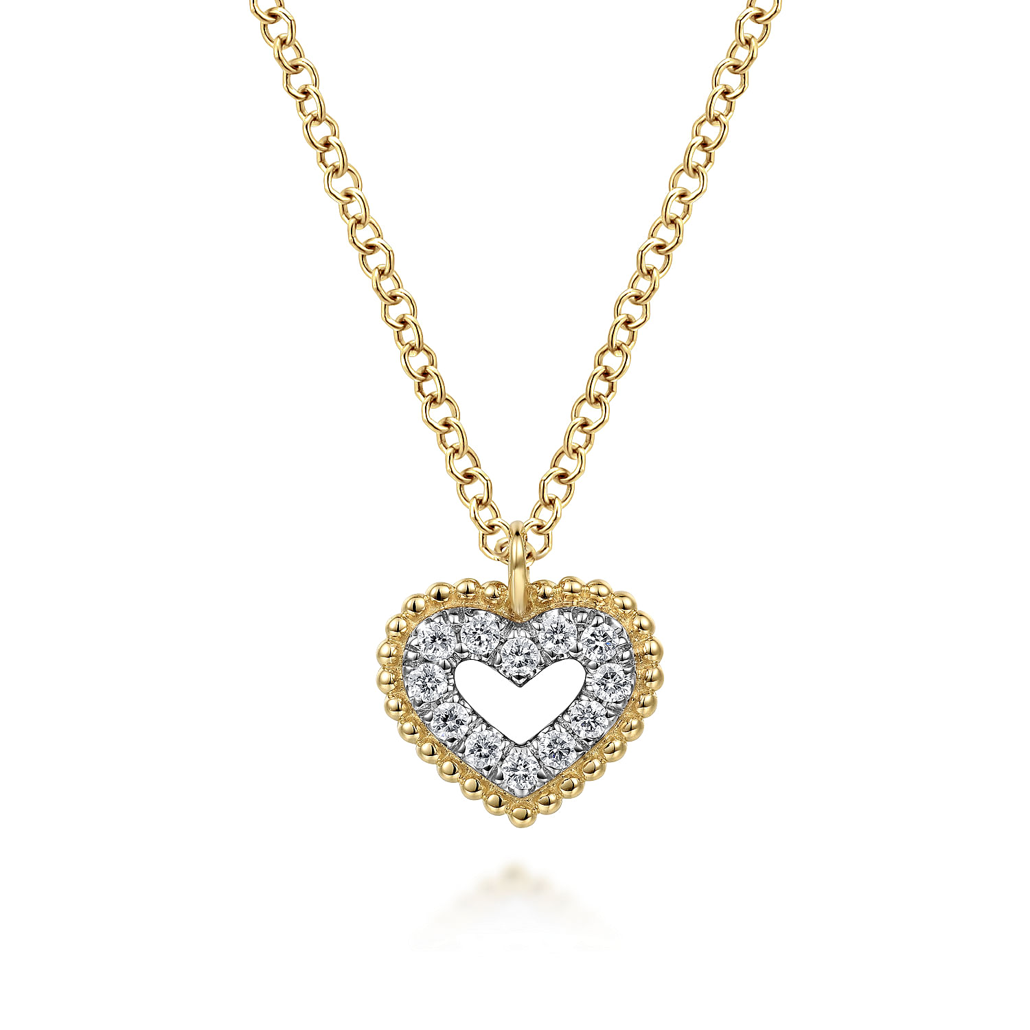 14K Yellow Gold Diamond Pave Heart Pendant Necklace with Bujukan Bead Frame