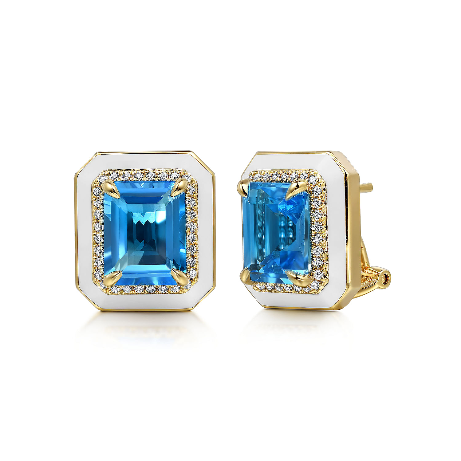 14K Yellow Gold Diamond and Blue Topaz Emerald Cut Earring With Flower Pattern J-Back and White Enamel
