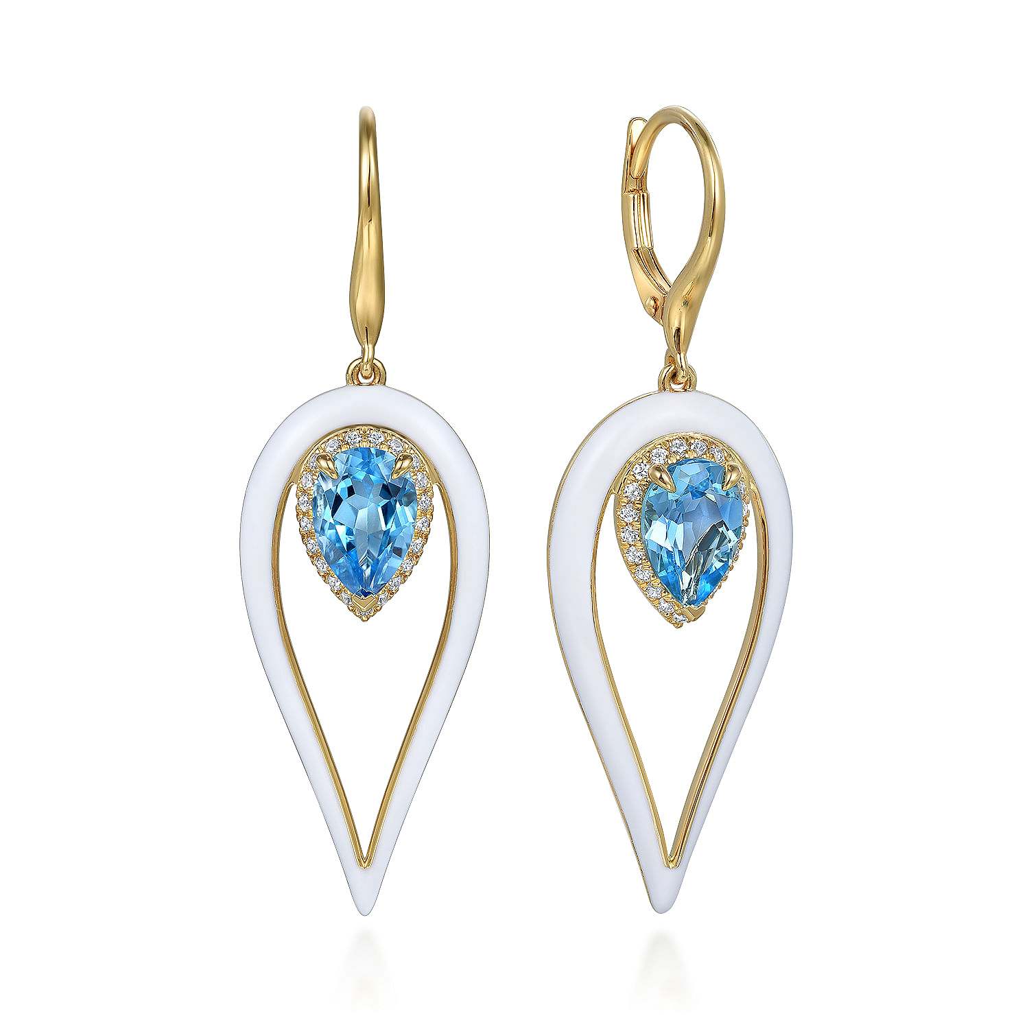 14K Yellow Gold Diamond and Blue Topaz Long Pear Shape Drop Earring With White Enamel