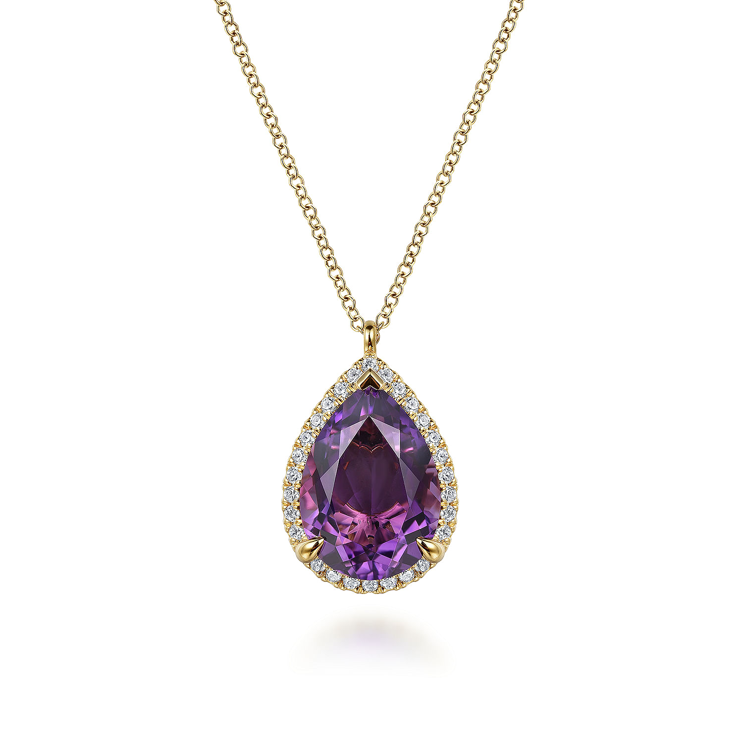 14K Yellow Gold Diamond and Flat Pear Shape Amethyst Necklace With Flower Pattern J-Back